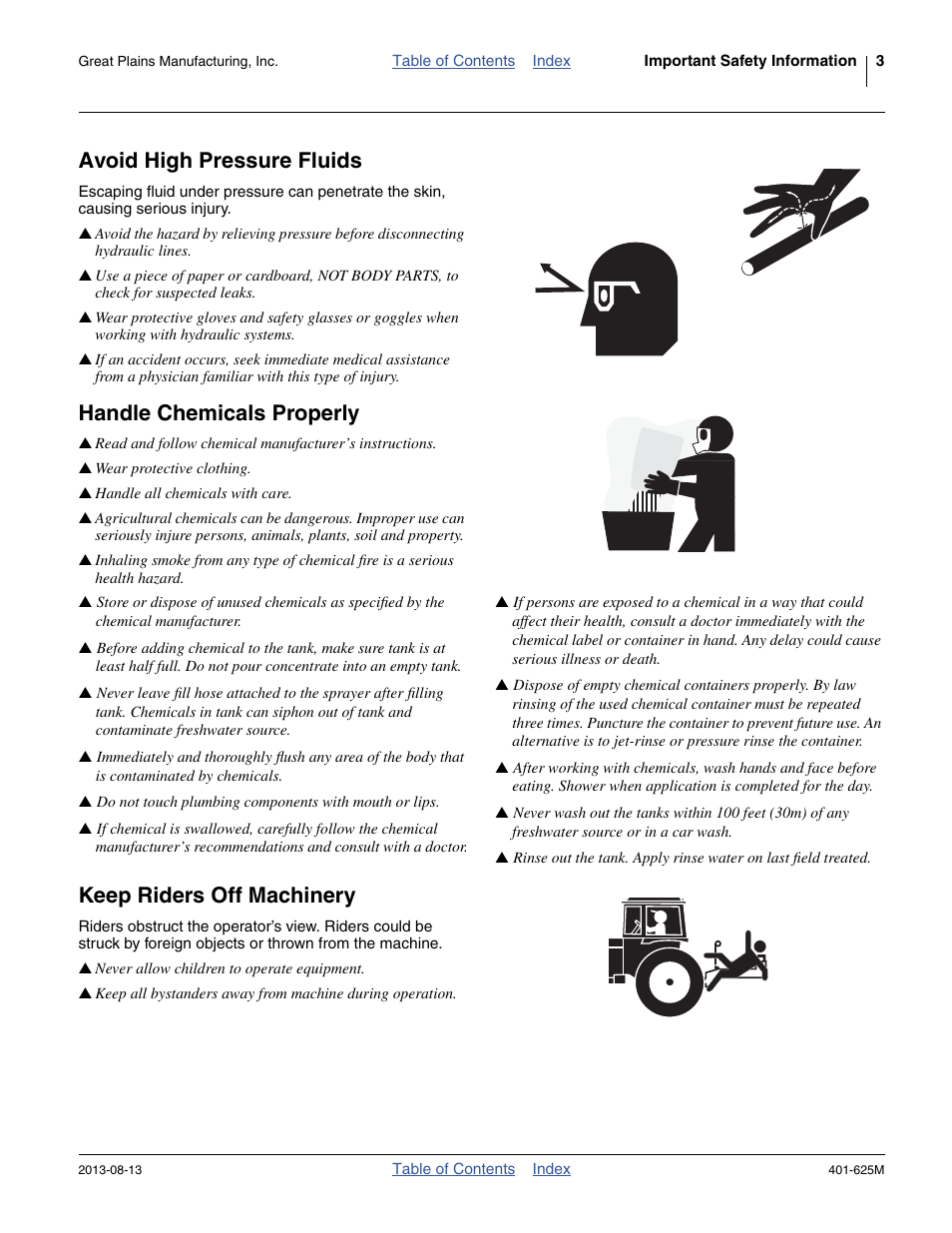 Avoid high pressure fluids, Handle chemicals properly, Keep riders off machinery | Great Plains YP1625A Operator Manual User Manual | Page 7 / 172