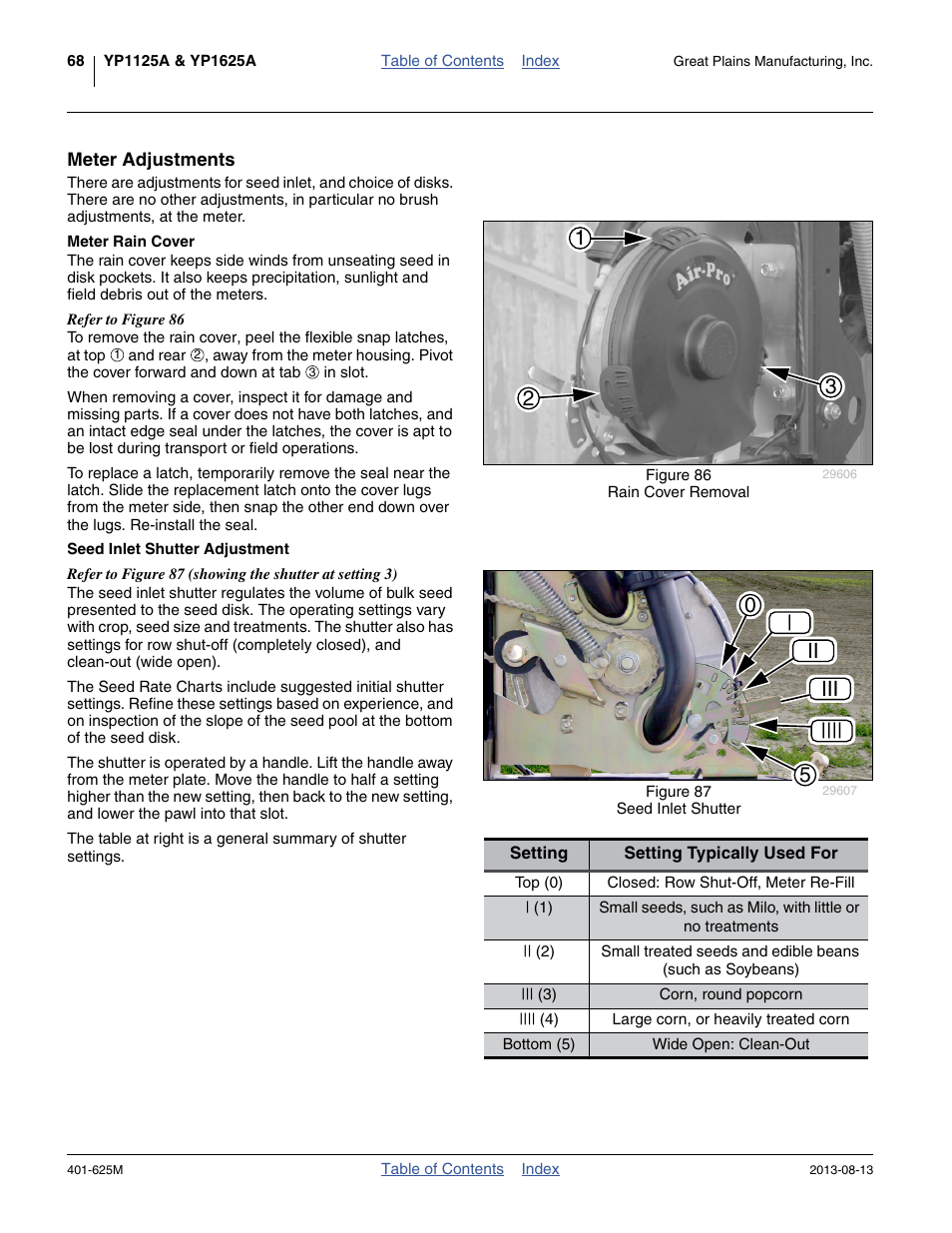 Meter adjustments, Meter rain cover, Seed inlet shutter adjustment | Meter rain cover seed inlet shutter adjustment, 05 | ii iii | Great Plains YP1625A Operator Manual User Manual | Page 72 / 172