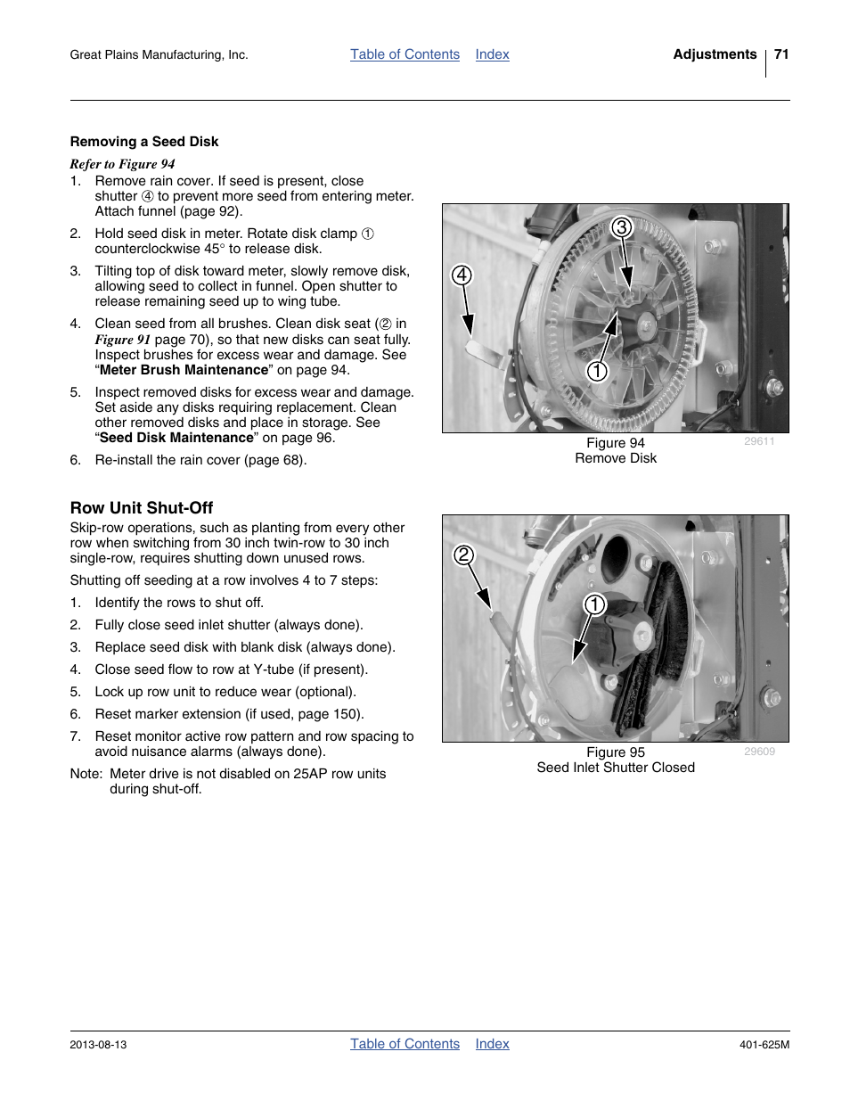 Removing a seed disk, Row unit shut-off | Great Plains YP1625A Operator Manual User Manual | Page 75 / 172