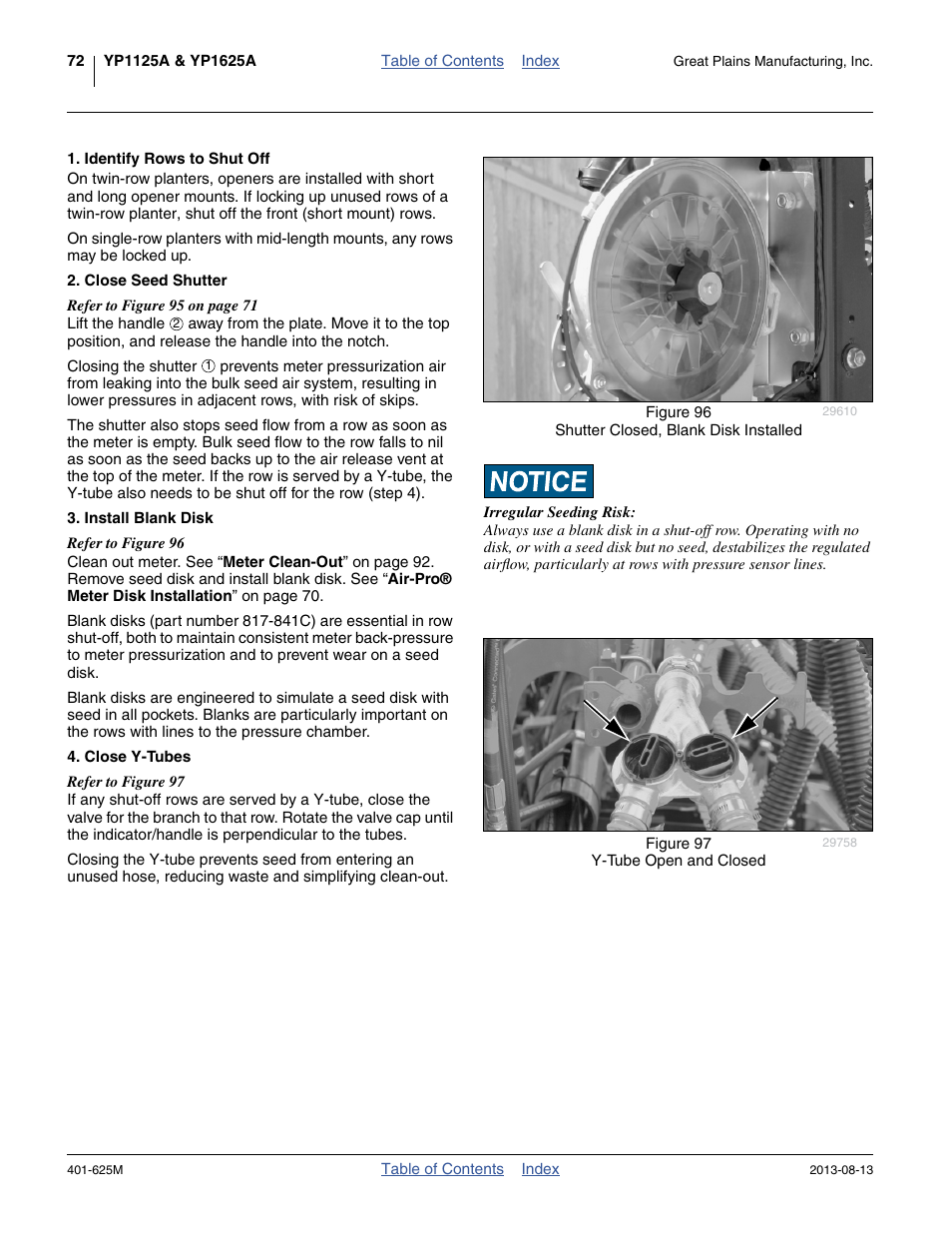 Identify rows to shut off, Close seed shutter, Install blank disk | Close y-tubes | Great Plains YP1625A Operator Manual User Manual | Page 76 / 172