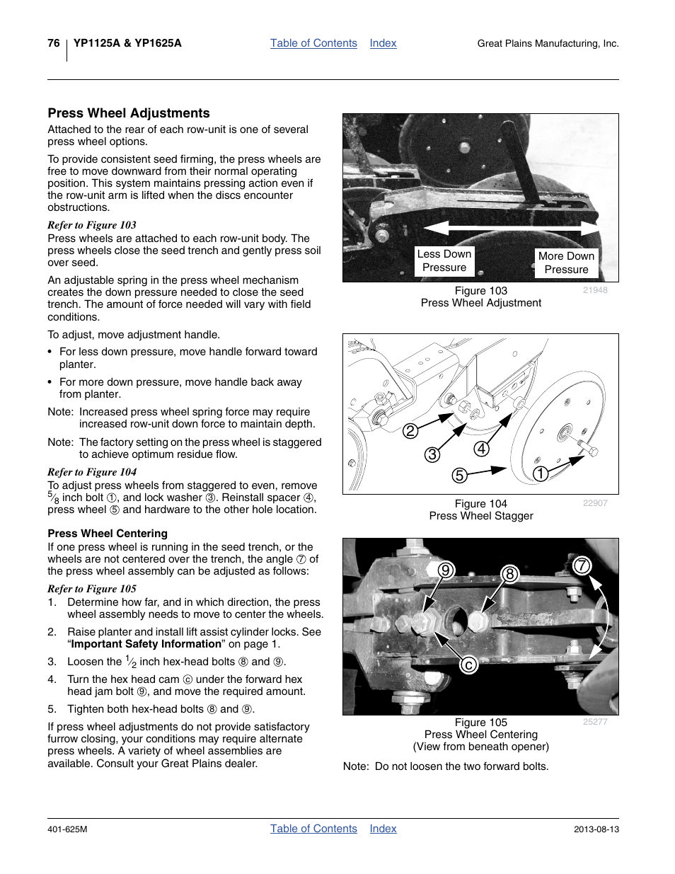 Press wheel adjustments, Press wheel centering, 98 7 c | Great Plains YP1625A Operator Manual User Manual | Page 80 / 172