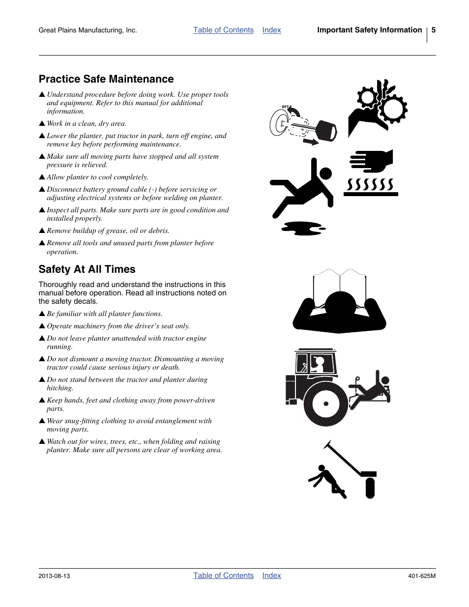 Practice safe maintenance, Safety at all times | Great Plains YP1625A Operator Manual User Manual | Page 9 / 172