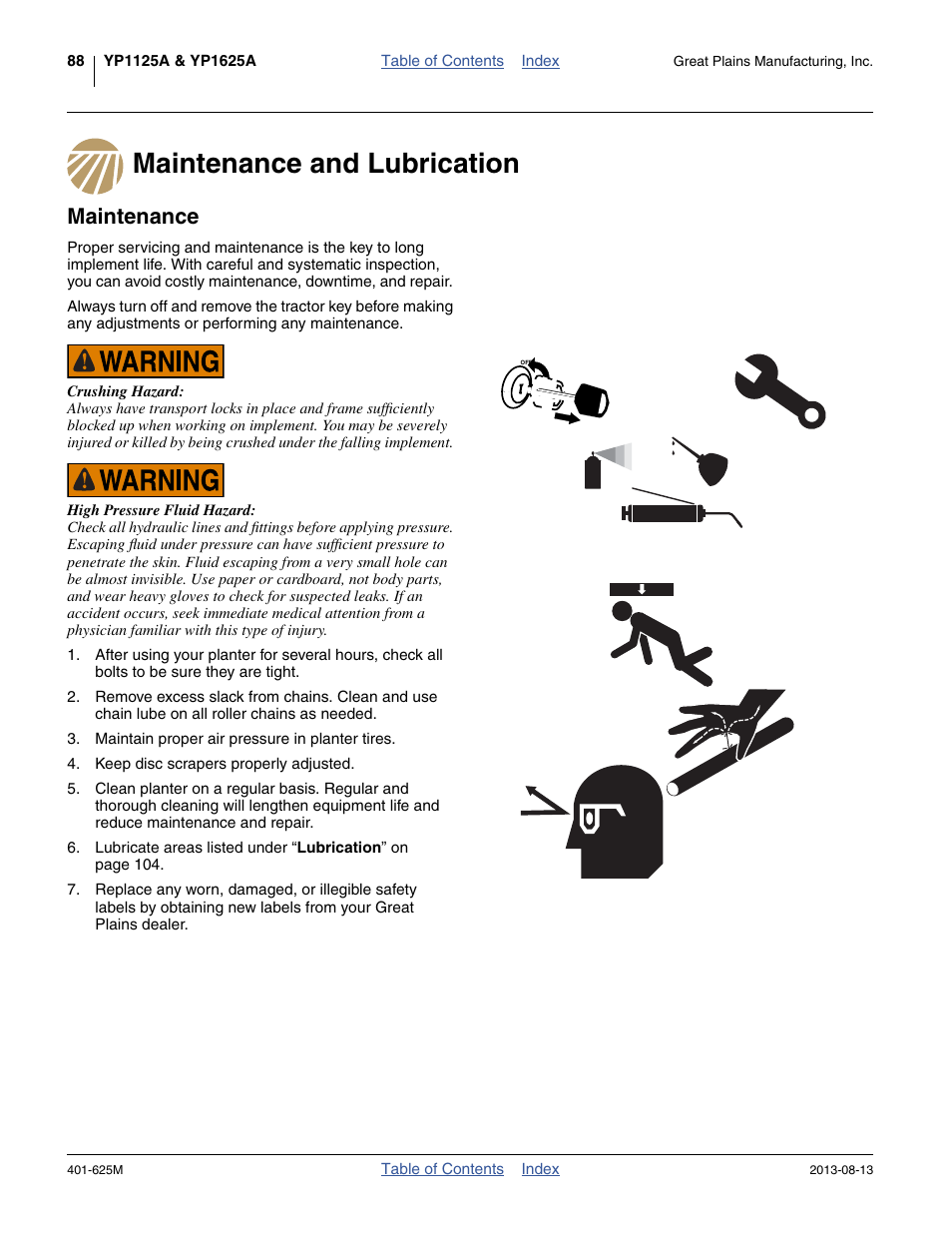 Maintenance and lubrication, Maintenance, Maintenance and lubrication maintenance | Great Plains YP1625A Operator Manual User Manual | Page 92 / 172