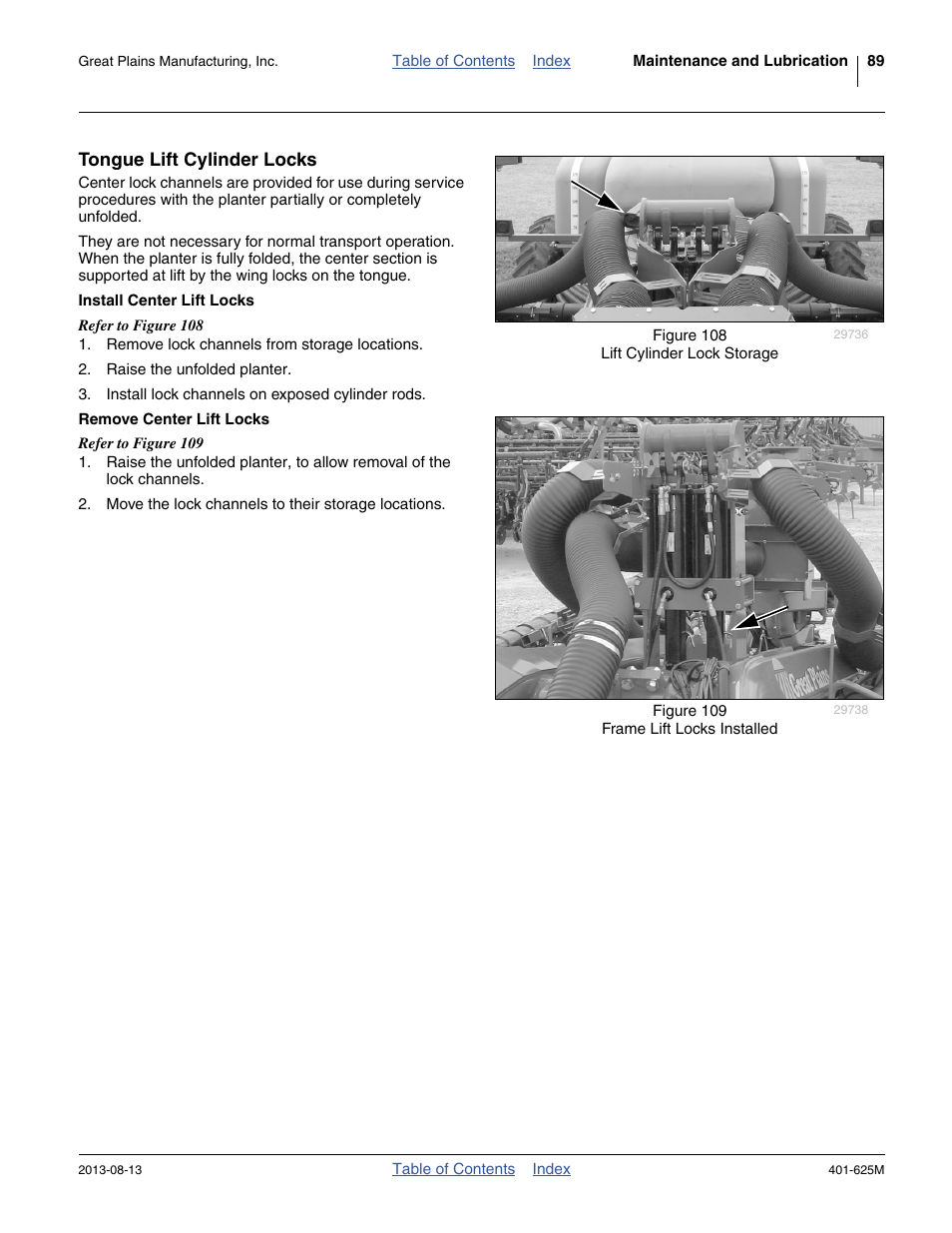 Tongue lift cylinder locks, Install center lift locks, Remove center lift locks | Great Plains YP1625A Operator Manual User Manual | Page 93 / 172