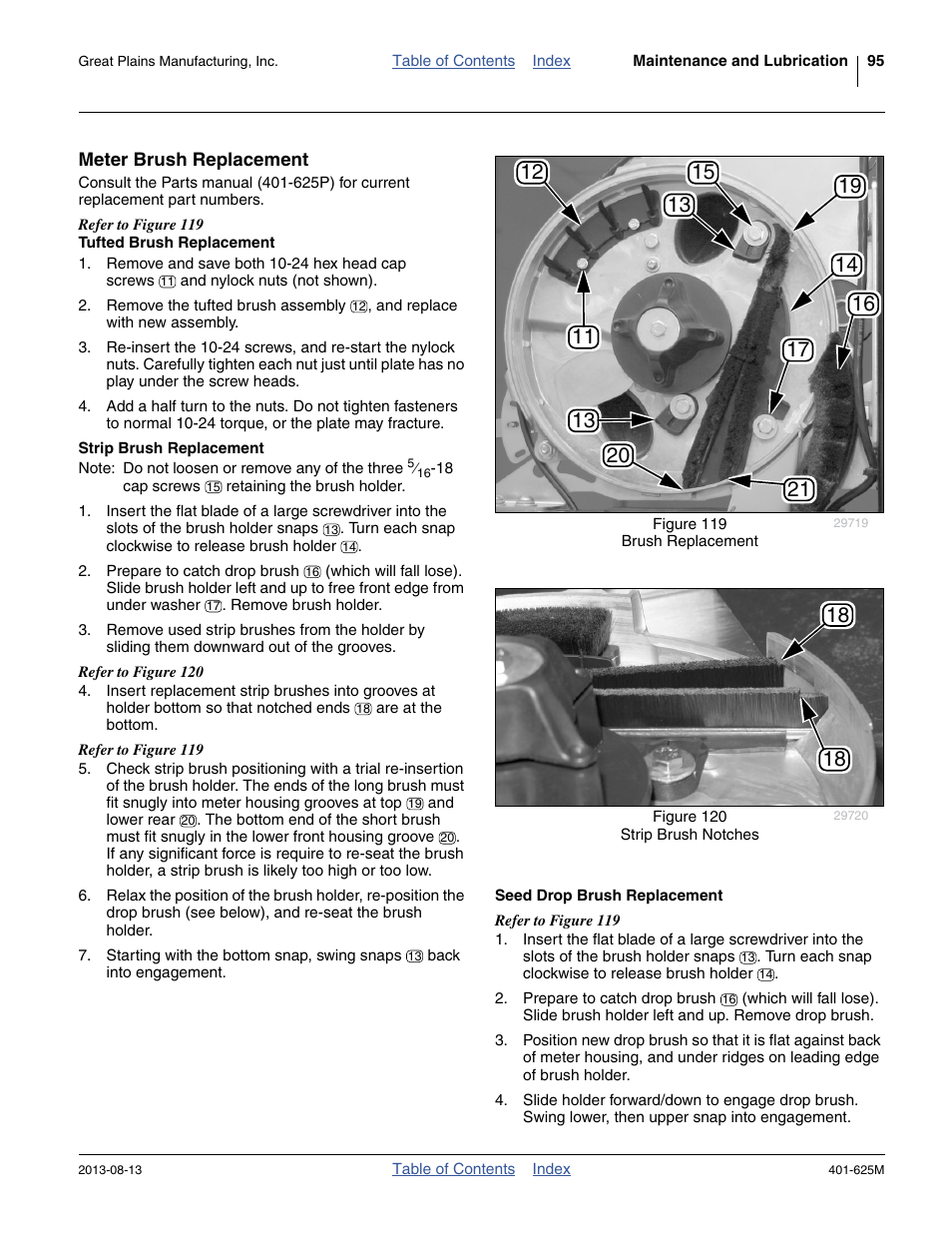 Meter brush replacement, Tufted brush replacement, Strip brush replacement | Seed drop brush replacement | Great Plains YP1625A Operator Manual User Manual | Page 99 / 172