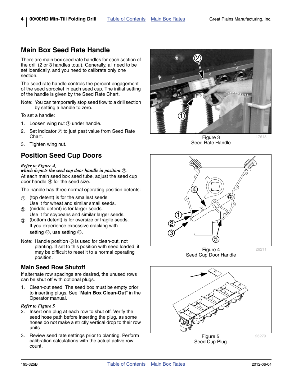 Main box seed rate handle, Position seed cup doors, Main seed row shutoff | Main box seed rate handle position seed cup doors | Great Plains 3S-5000HDF Material Rate User Manual | Page 6 / 36