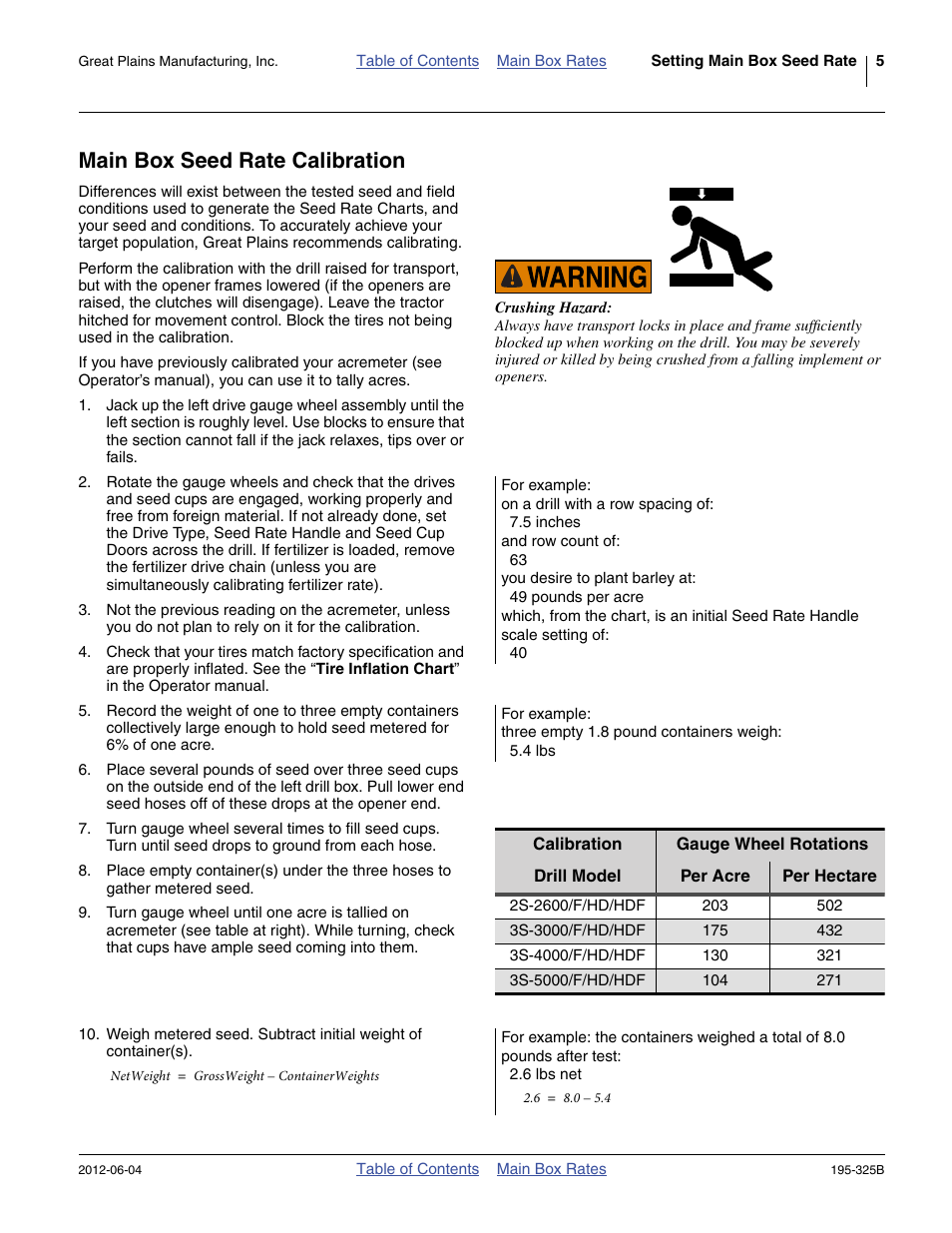 Main box seed rate calibration | Great Plains 3S-5000HDF Material Rate User Manual | Page 7 / 36