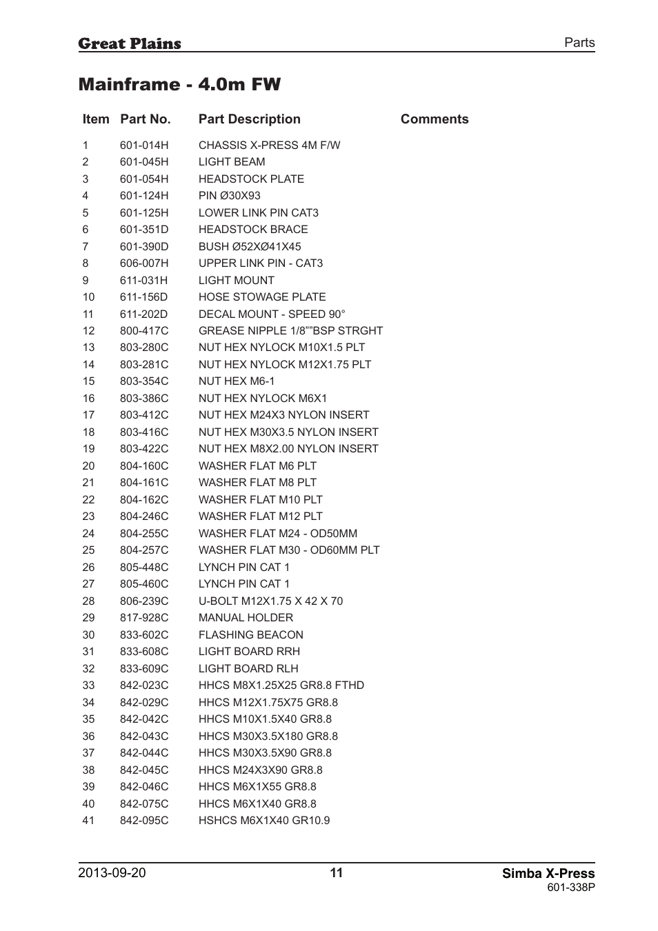 Mainframe - 4.0m fw | Great Plains Simba X-Press Parts Manual User Manual | Page 11 / 48