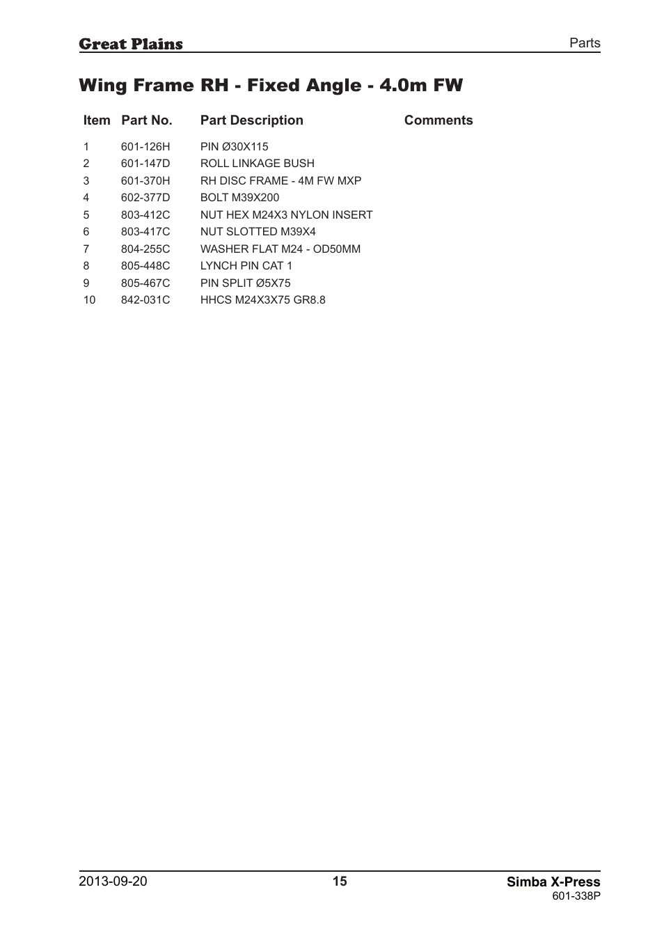 Wing frame rh - fixed angle - 4.0m fw | Great Plains Simba X-Press Parts Manual User Manual | Page 15 / 48
