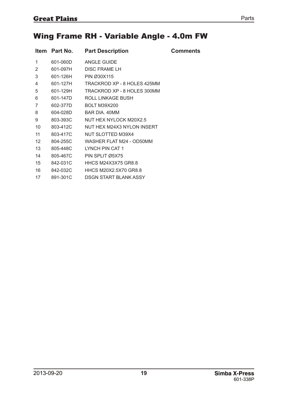 Wing frame rh - variable angle - 4.0m fw | Great Plains Simba X-Press Parts Manual User Manual | Page 19 / 48