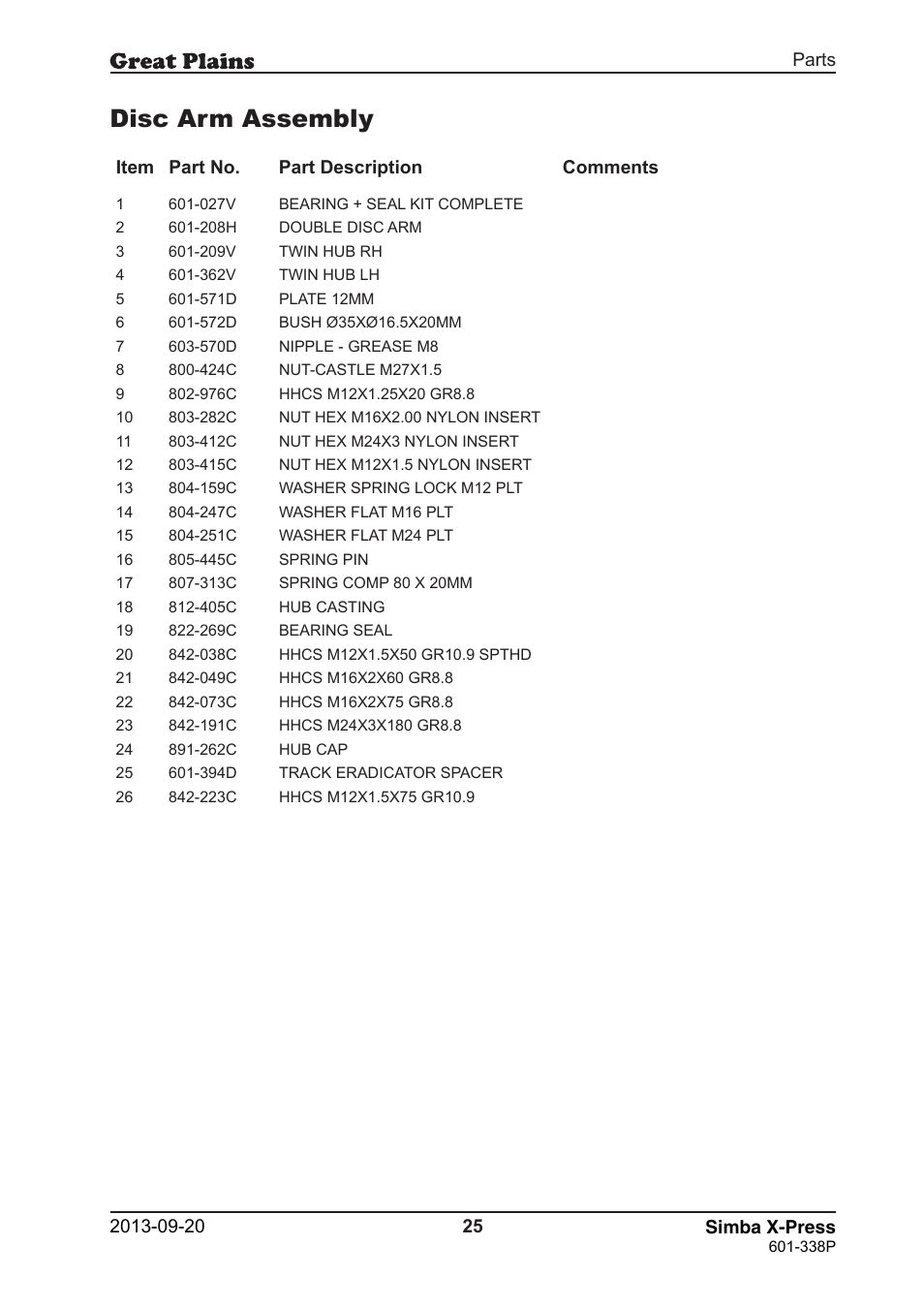 Disc arm assembly | Great Plains Simba X-Press Parts Manual User Manual | Page 25 / 48