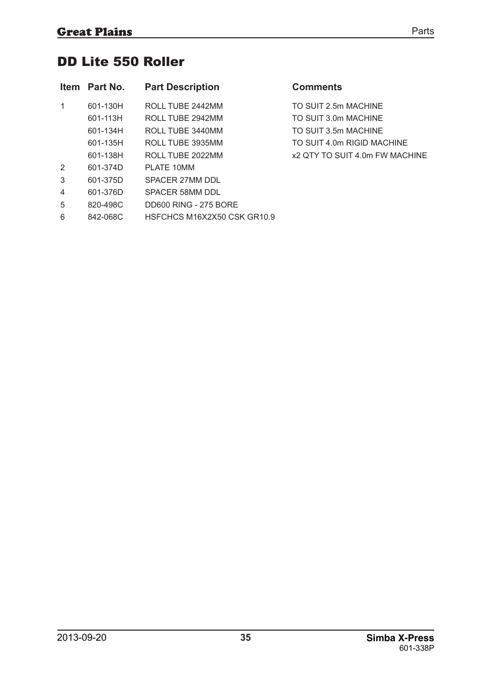 Dd lite 550 roller | Great Plains Simba X-Press Parts Manual User Manual | Page 35 / 48