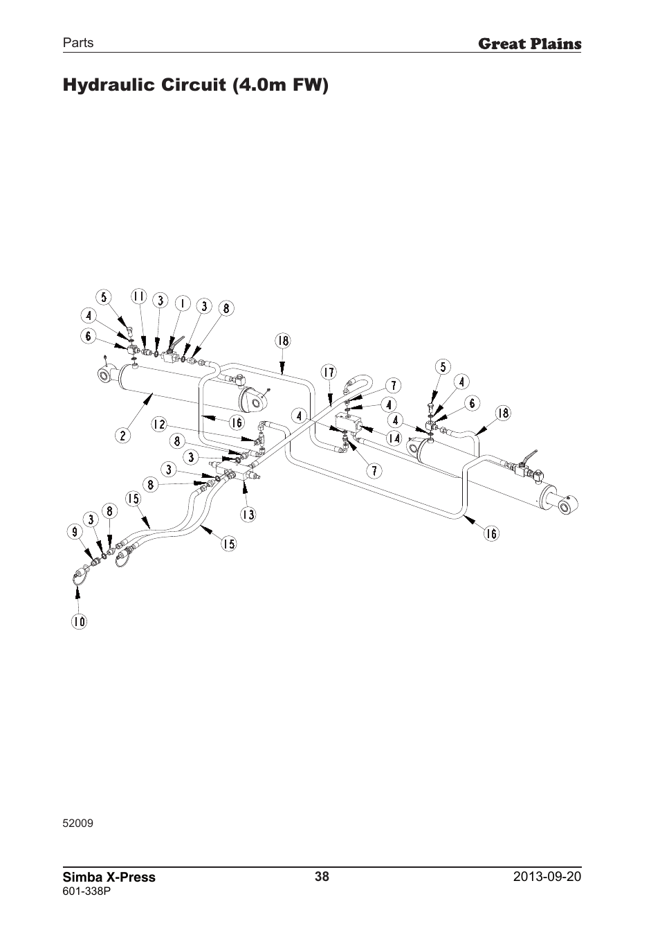 Hydraulic circuit (4.0m fw) | Great Plains Simba X-Press Parts Manual User Manual | Page 38 / 48