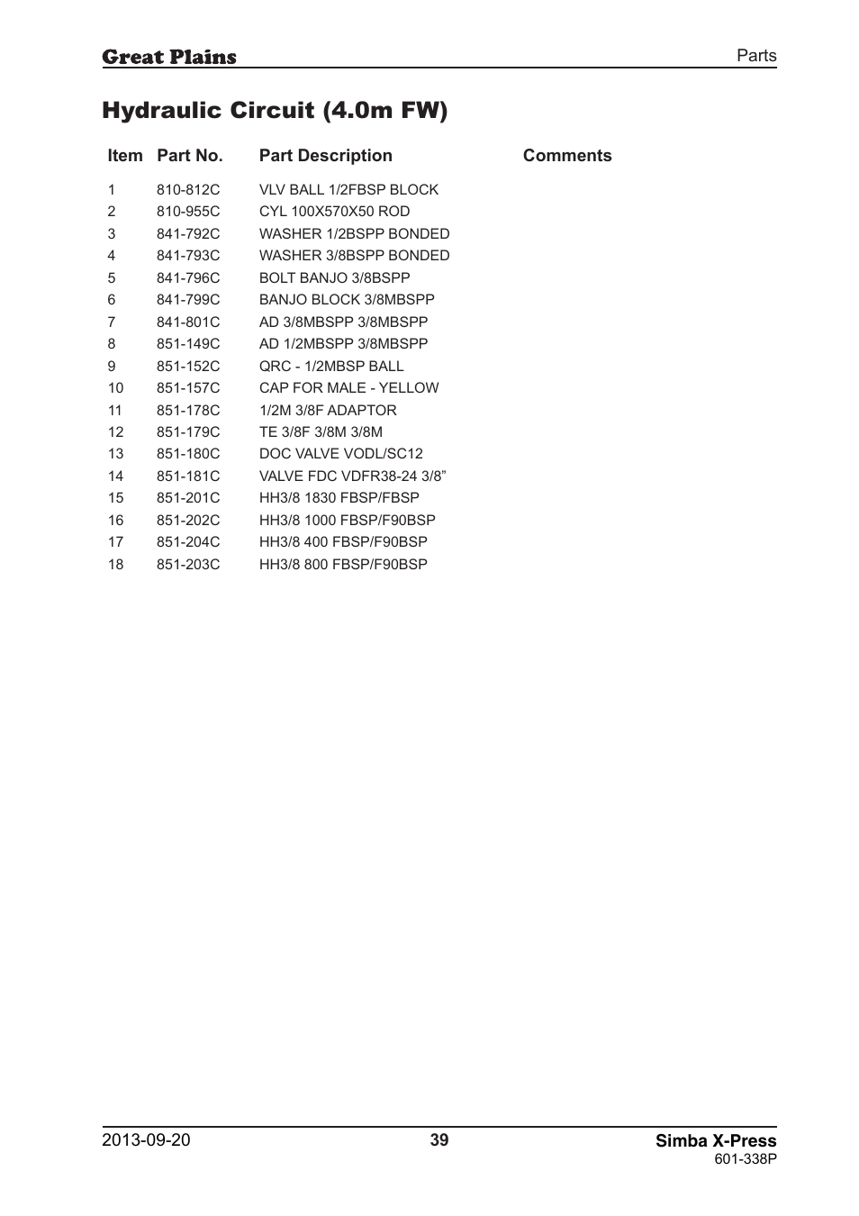 Hydraulic circuit (4.0m fw) | Great Plains Simba X-Press Parts Manual User Manual | Page 39 / 48