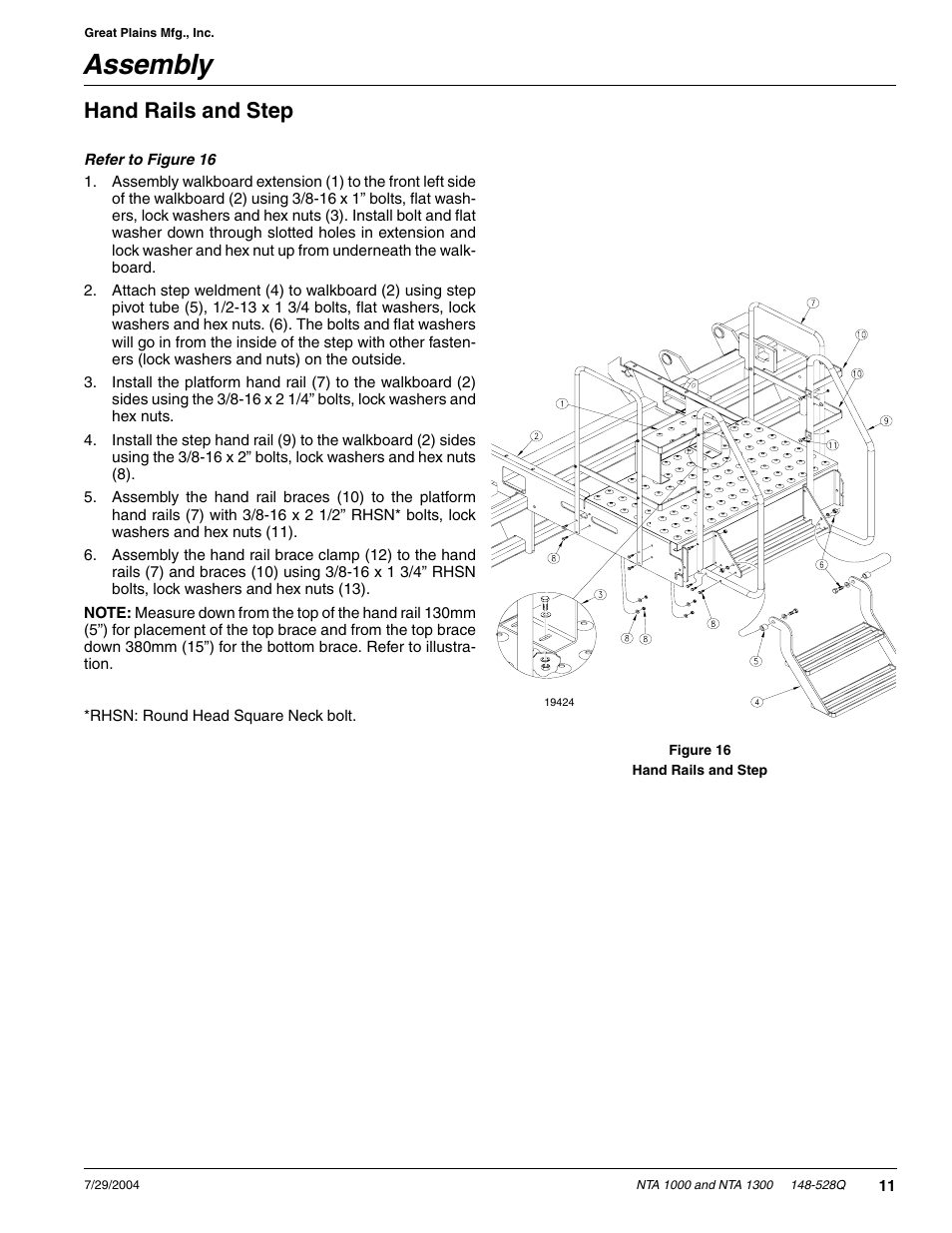 Assembly, Hand rails and step | Great Plains NTA1300 Predelivery Manual User Manual | Page 13 / 37