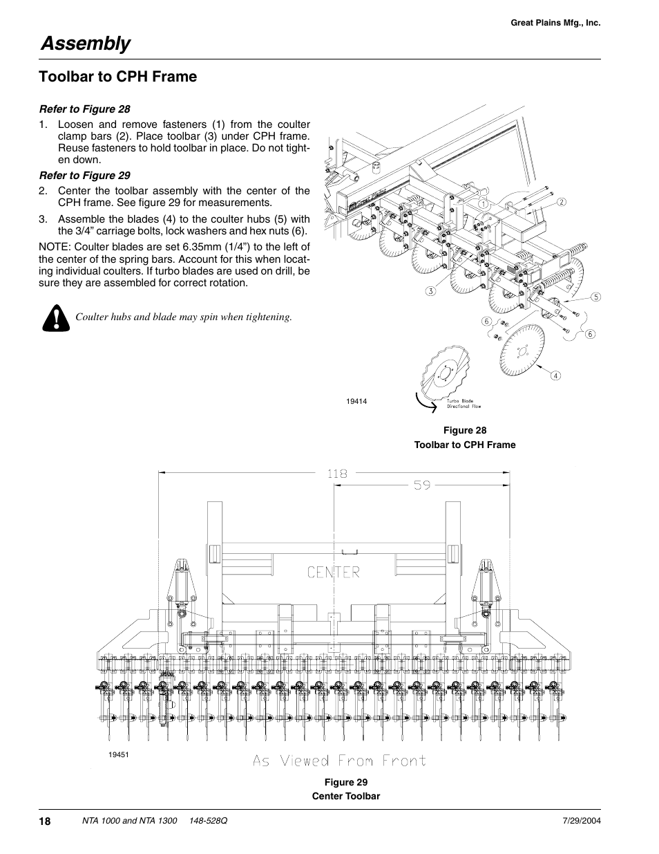Assembly, Toolbar to cph frame | Great Plains NTA1300 Predelivery Manual User Manual | Page 20 / 37