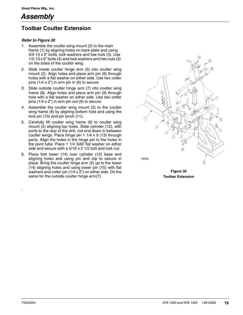 Assembly, Toolbar coulter extension | Great Plains NTA1300 Predelivery Manual User Manual | Page 21 / 37
