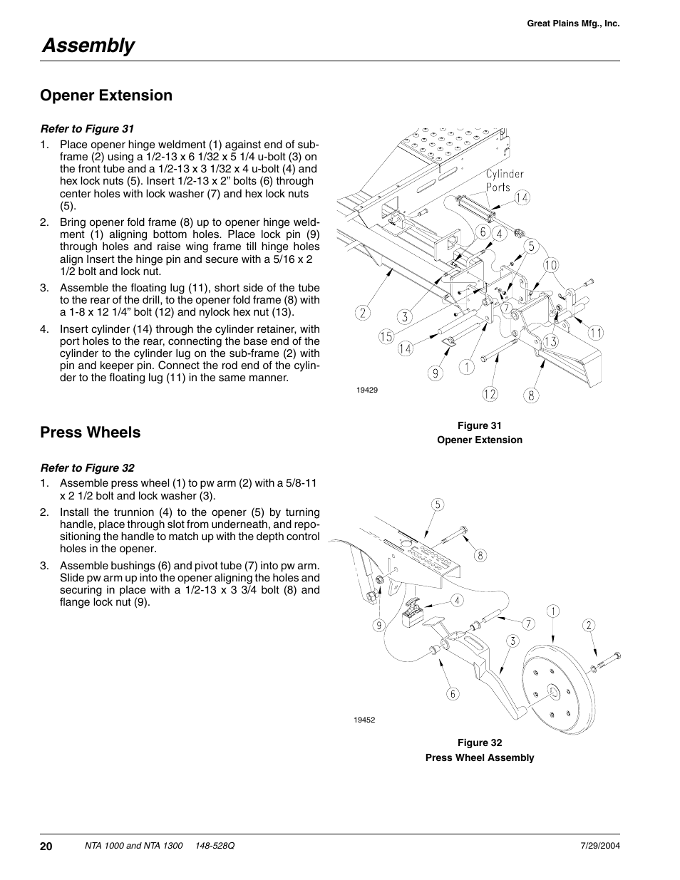Assembly, Opener extension, Press wheels | Great Plains NTA1300 Predelivery Manual User Manual | Page 22 / 37