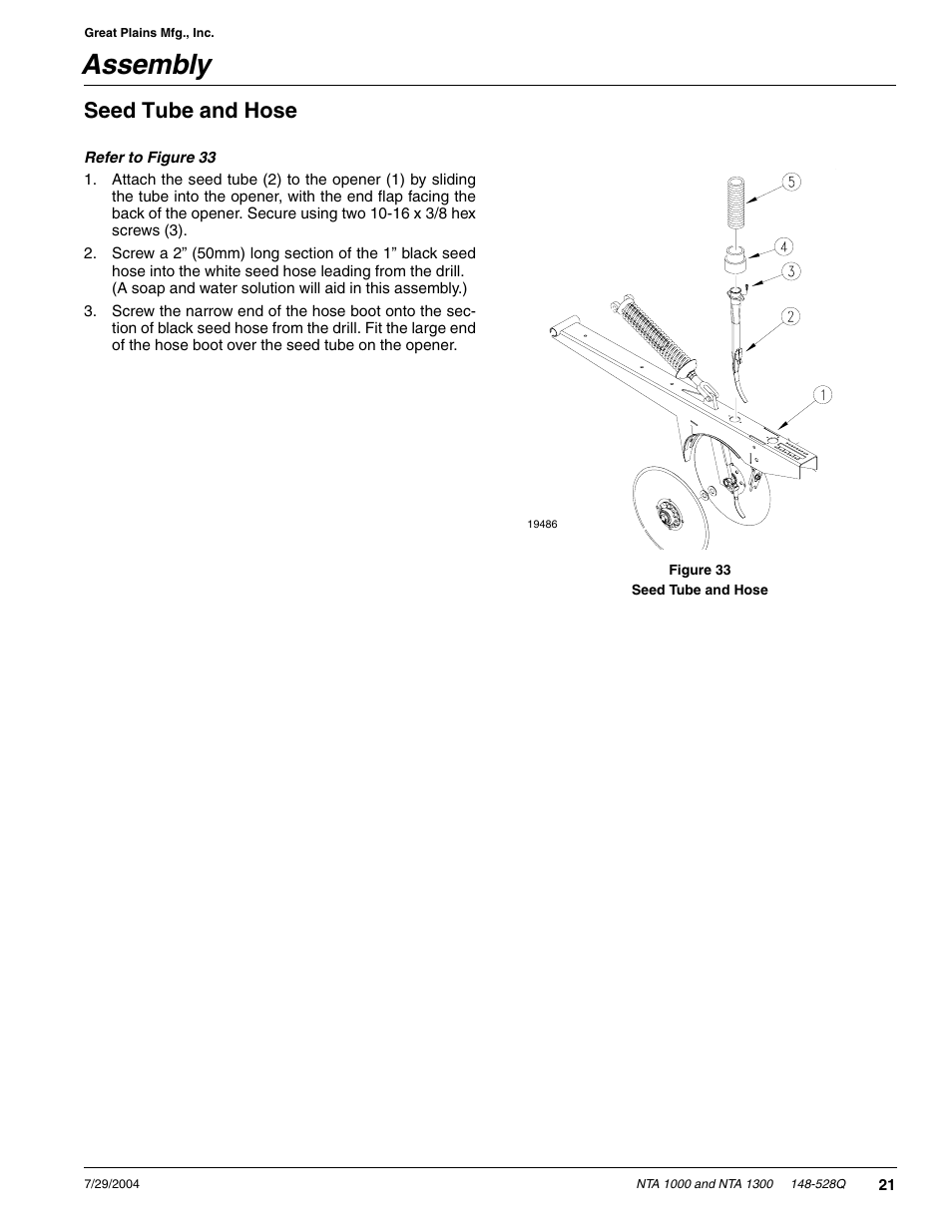 Assembly, Seed tube and hose | Great Plains NTA1300 Predelivery Manual User Manual | Page 23 / 37