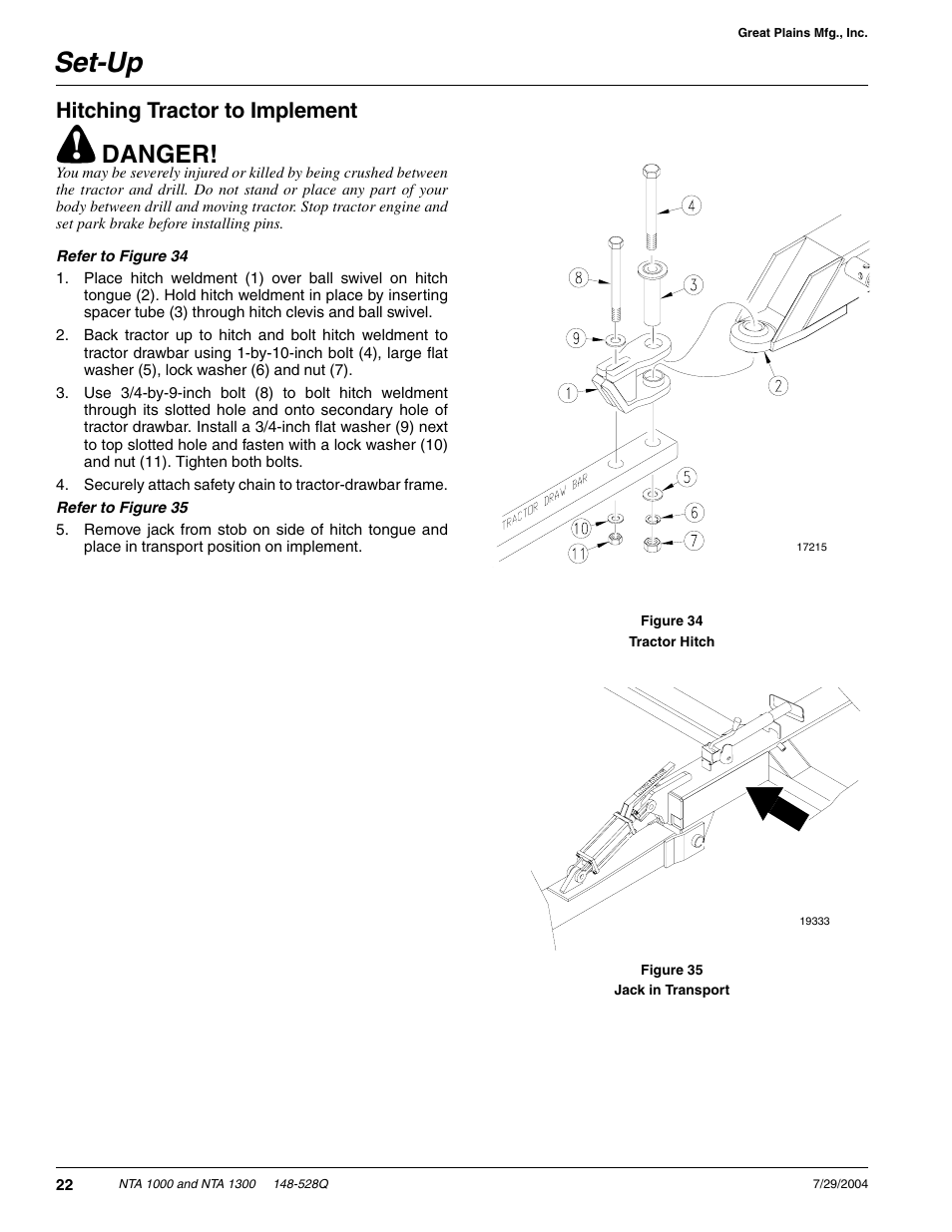 Set-up, Danger, Hitching tractor to implement | Great Plains NTA1300 Predelivery Manual User Manual | Page 24 / 37