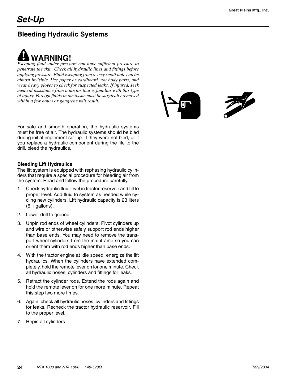 Set-up, Warning, Bleeding hydraulic systems | Great Plains NTA1300 Predelivery Manual User Manual | Page 26 / 37