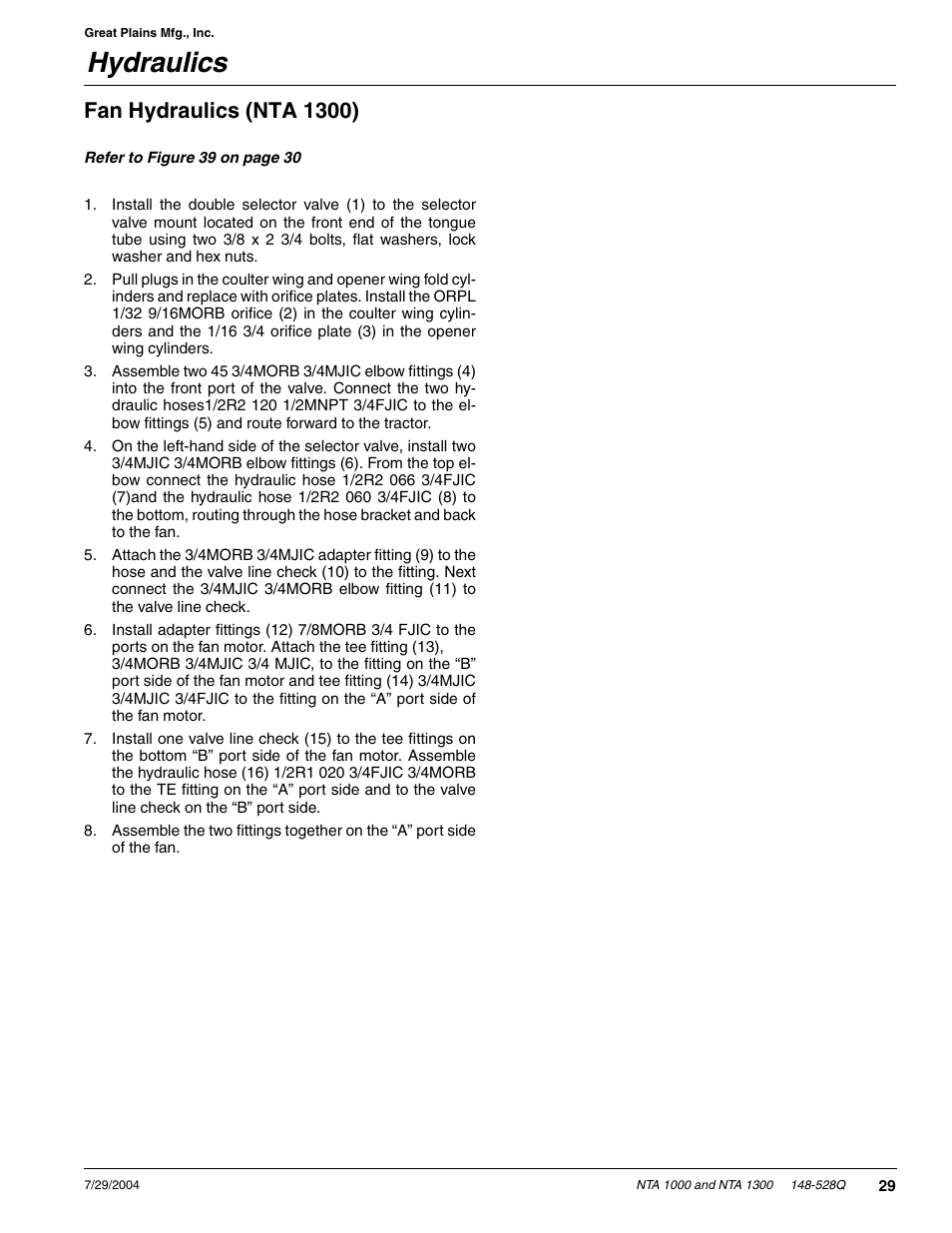 Hydraulics, Fan hydraulics (nta 1300) | Great Plains NTA1300 Predelivery Manual User Manual | Page 31 / 37