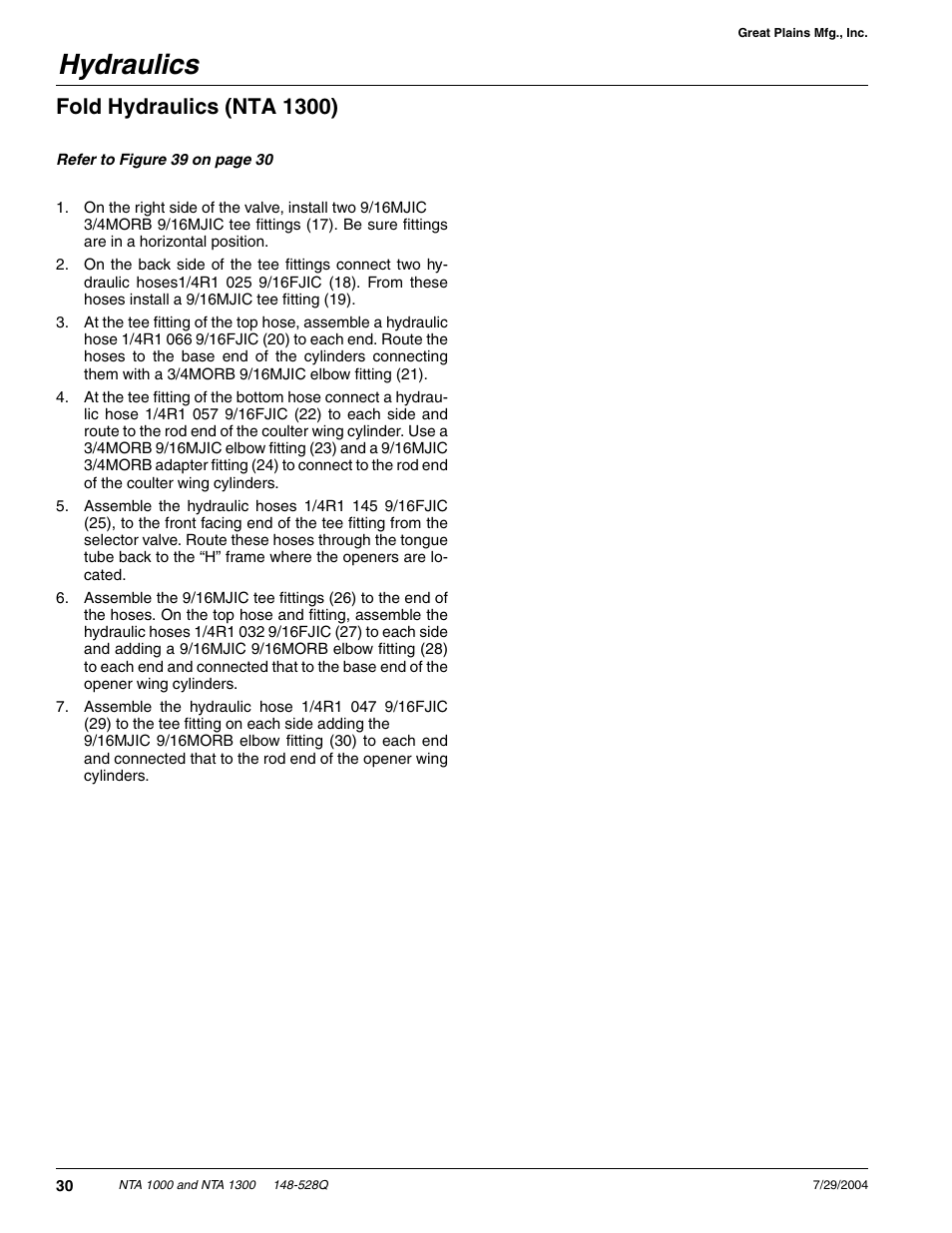 Hydraulics, Fold hydraulics (nta 1300) | Great Plains NTA1300 Predelivery Manual User Manual | Page 32 / 37