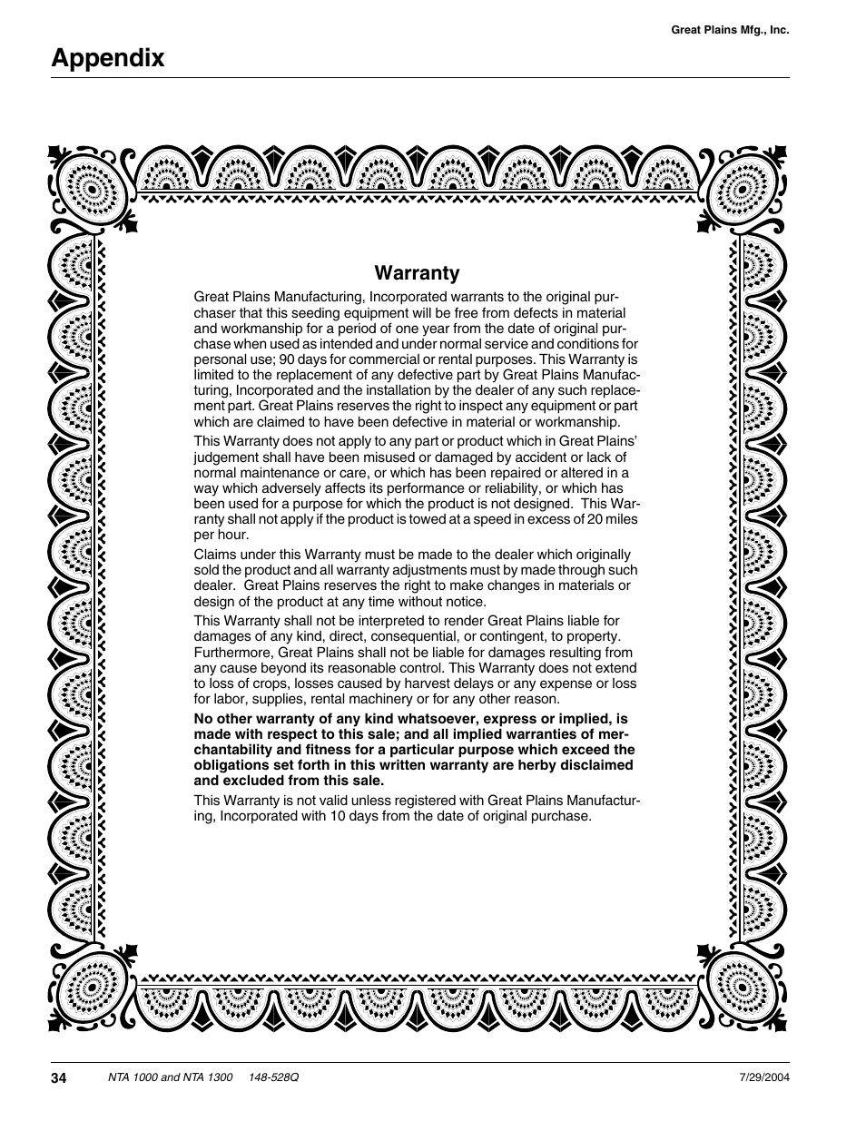 Appendix, Warranty | Great Plains NTA1300 Predelivery Manual User Manual | Page 36 / 37