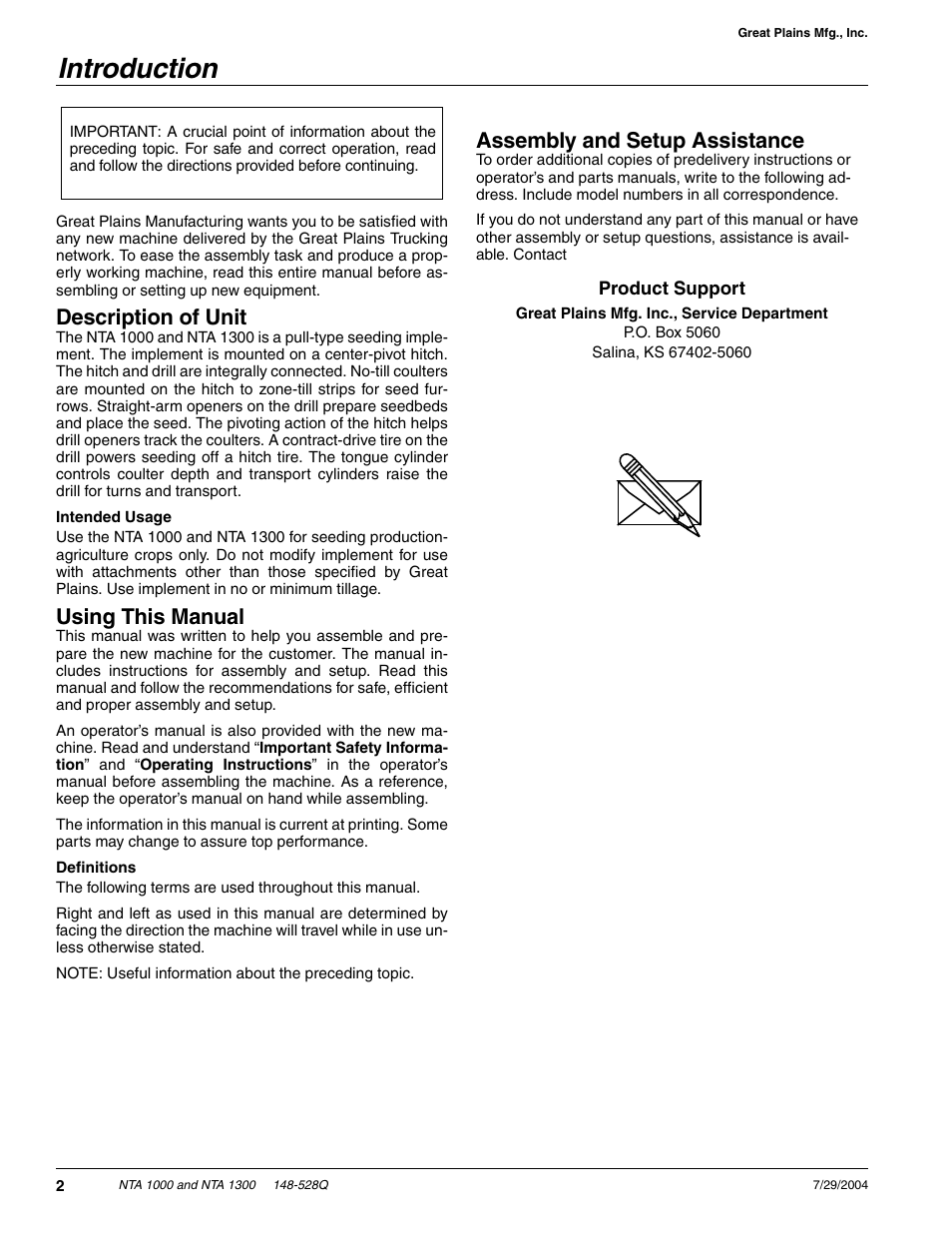 Introduction, Description of unit, Using this manual | Assembly and setup assistance | Great Plains NTA1300 Predelivery Manual User Manual | Page 4 / 37