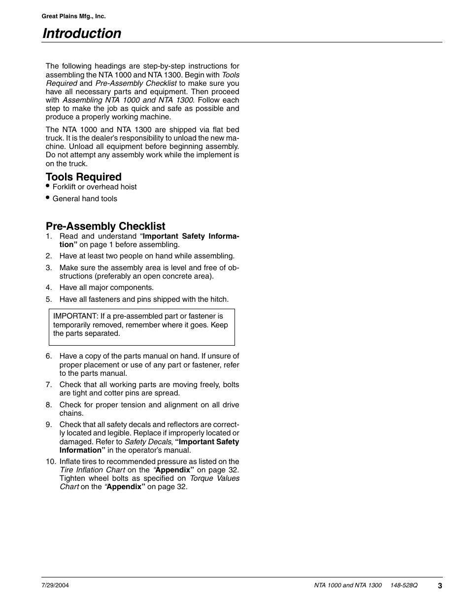Introduction, Tools required, Pre-assembly checklist | Great Plains NTA1300 Predelivery Manual User Manual | Page 5 / 37