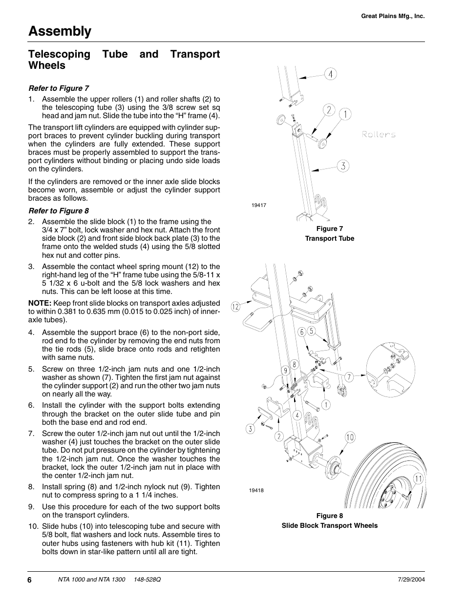 Assembly, Telescoping tube and transport wheels | Great Plains NTA1300 Predelivery Manual User Manual | Page 8 / 37