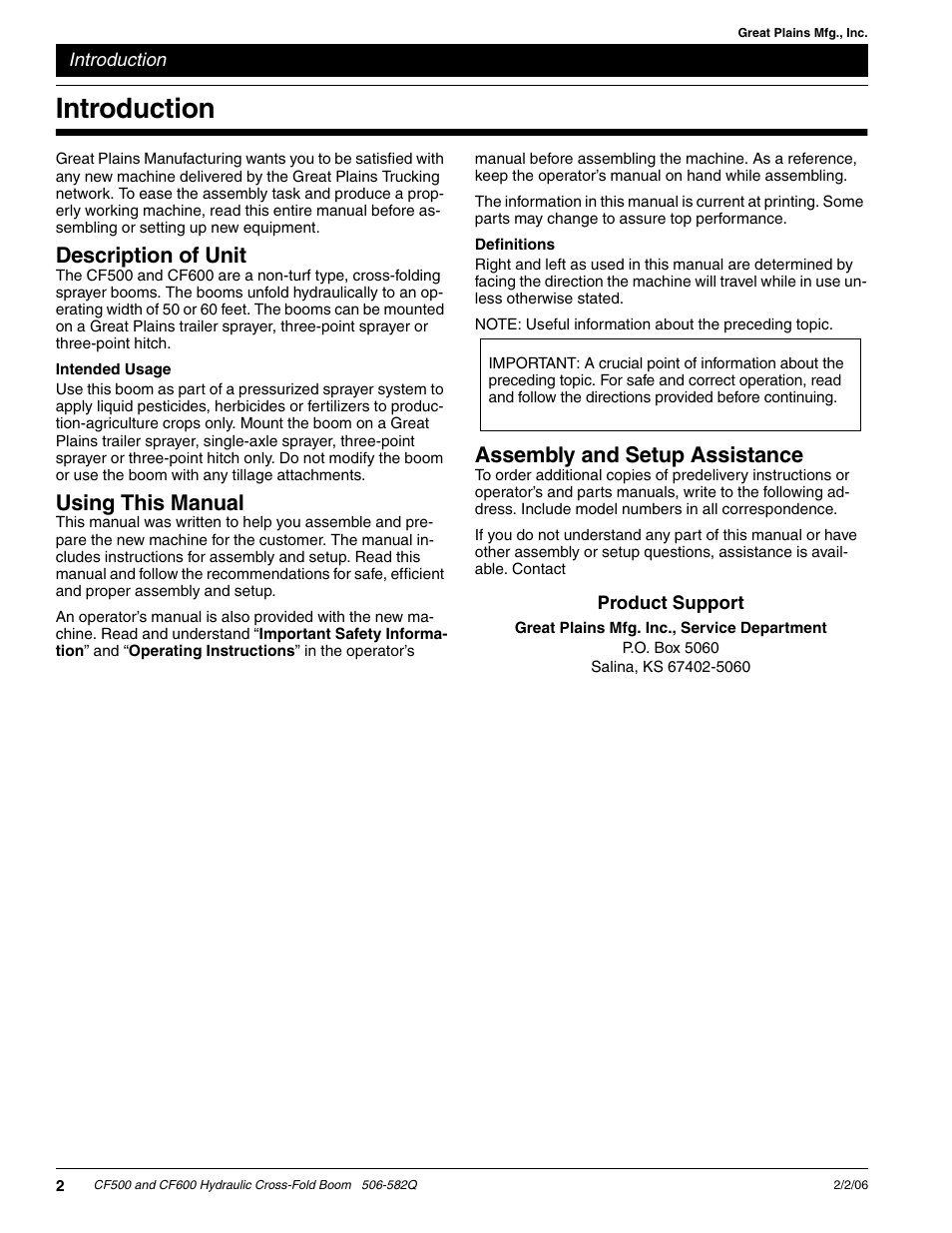 Introduction, Assembly and setup assistance, Description of unit | Using this manual | Great Plains CF600 Predelivery Manual User Manual | Page 4 / 18
