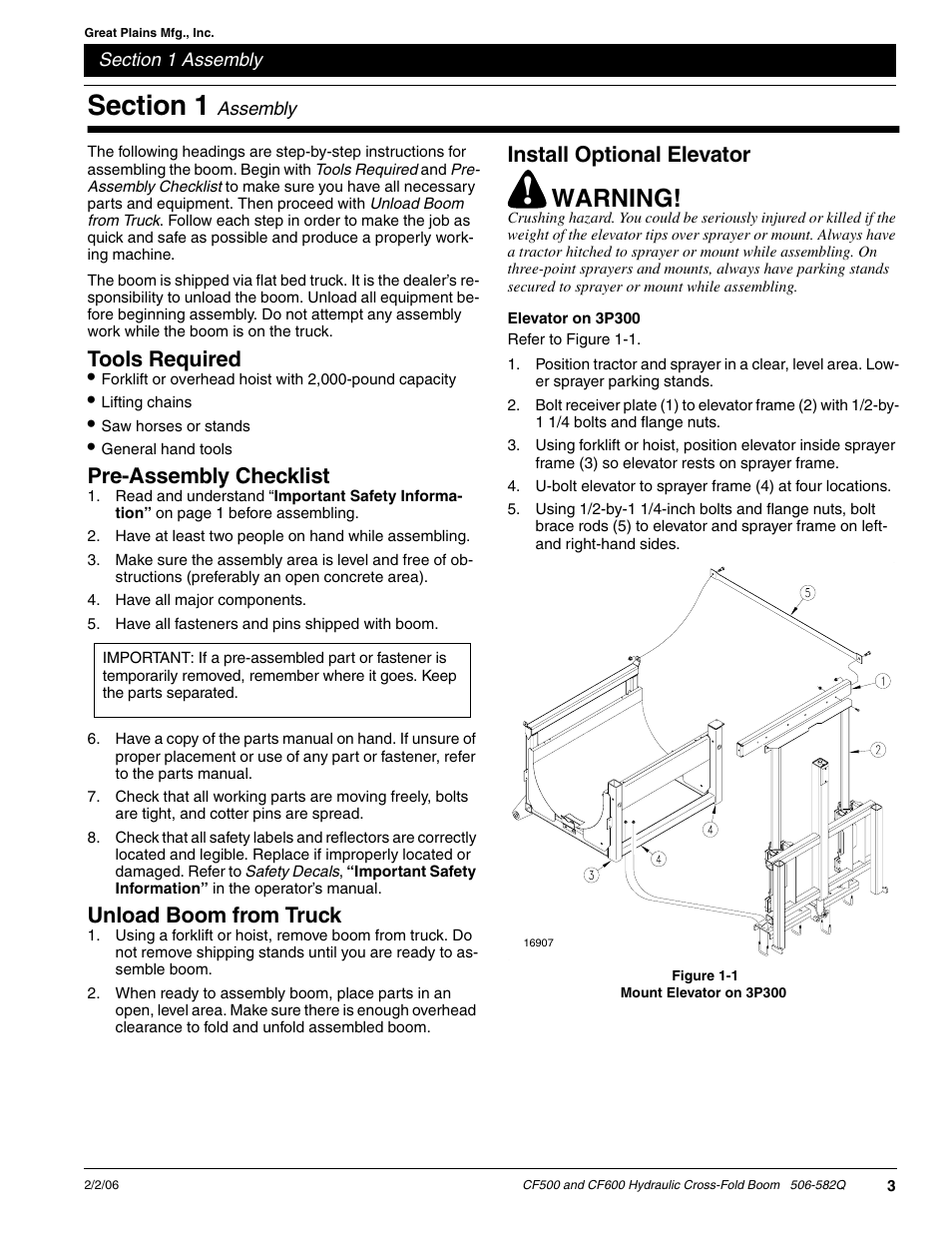 Warning, Tools required, Pre-assembly checklist | Unload boom from truck, Install optional elevator | Great Plains CF600 Predelivery Manual User Manual | Page 5 / 18