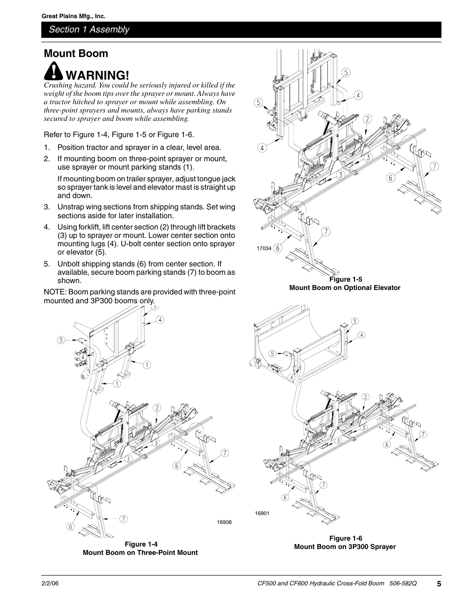 Warning, Mount boom | Great Plains CF600 Predelivery Manual User Manual | Page 7 / 18