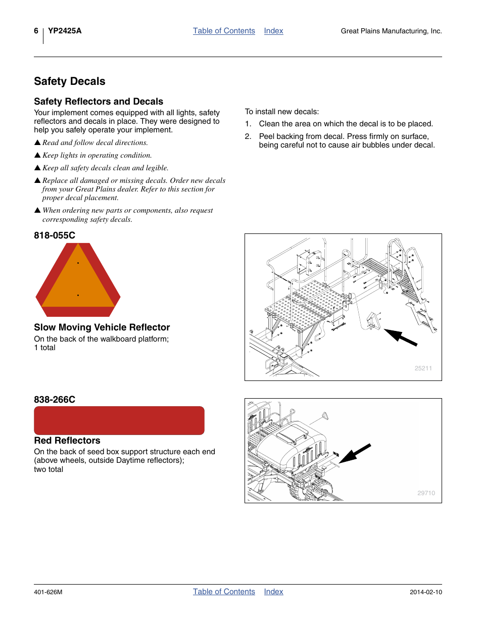 Safety decals, Safety reflectors and decals, 055c slow moving vehicle reflector | 266c red reflectors | Great Plains YP2425A Operator Manual User Manual | Page 10 / 172