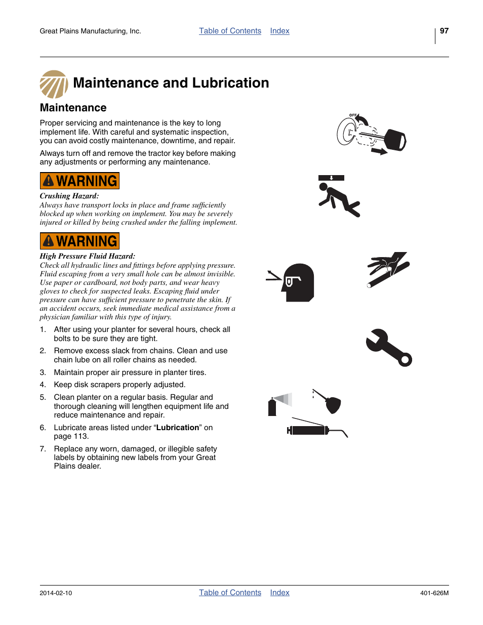 Maintenance and lubrication, Maintenance, Maintenance and lubrication maintenance | Great Plains YP2425A Operator Manual User Manual | Page 101 / 172