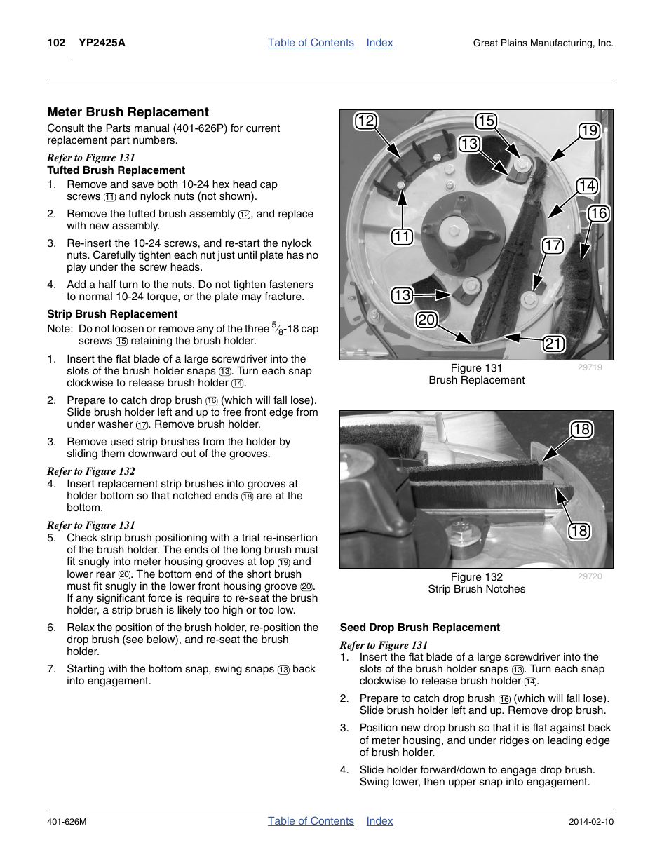 Meter brush replacement, Tufted brush replacement, Strip brush replacement | Seed drop brush replacement | Great Plains YP2425A Operator Manual User Manual | Page 106 / 172
