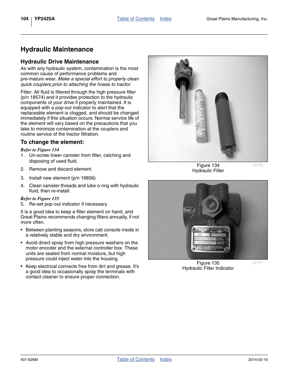 Hydraulic maintenance, Hydraulic drive maintenance, To change the element | Great Plains YP2425A Operator Manual User Manual | Page 108 / 172