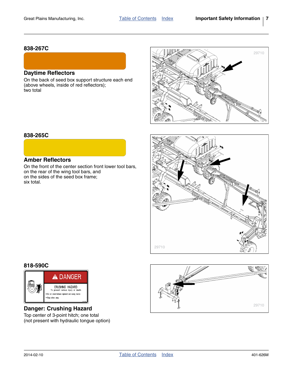 267c daytime reflectors, 265c amber reflectors, 590c danger: crushing hazard | Great Plains YP2425A Operator Manual User Manual | Page 11 / 172