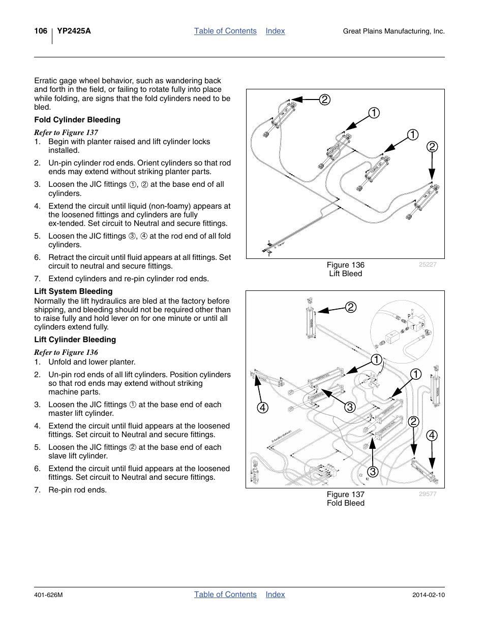 Fold cylinder bleeding, Lift system bleeding, Lift cylinder bleeding | Great Plains YP2425A Operator Manual User Manual | Page 110 / 172