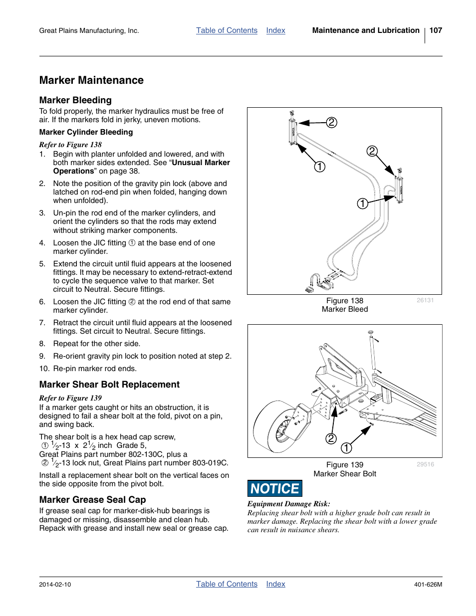 Marker maintenance, Marker bleeding, Marker cylinder bleeding | Marker shear bolt replacement, Marker grease seal cap | Great Plains YP2425A Operator Manual User Manual | Page 111 / 172