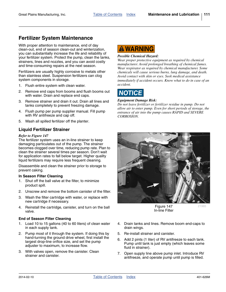 Fertilizer system maintenance, Liquid fertilizer strainer, In season filter cleaning | End of season filter cleaning | Great Plains YP2425A Operator Manual User Manual | Page 115 / 172