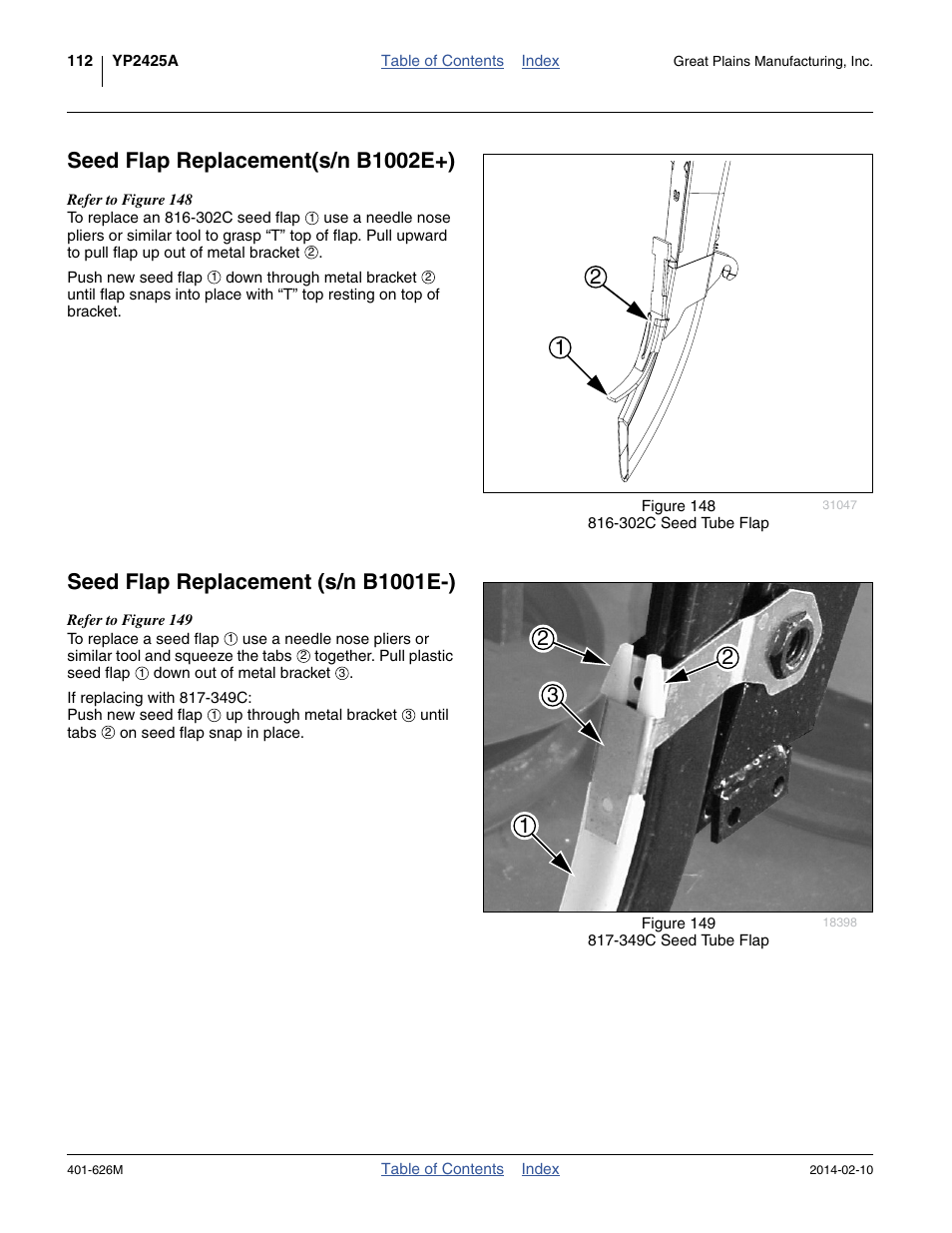 Seed flap replacement(s/n b1002e+), Seed flap replacement (s/n b1001e-) | Great Plains YP2425A Operator Manual User Manual | Page 116 / 172