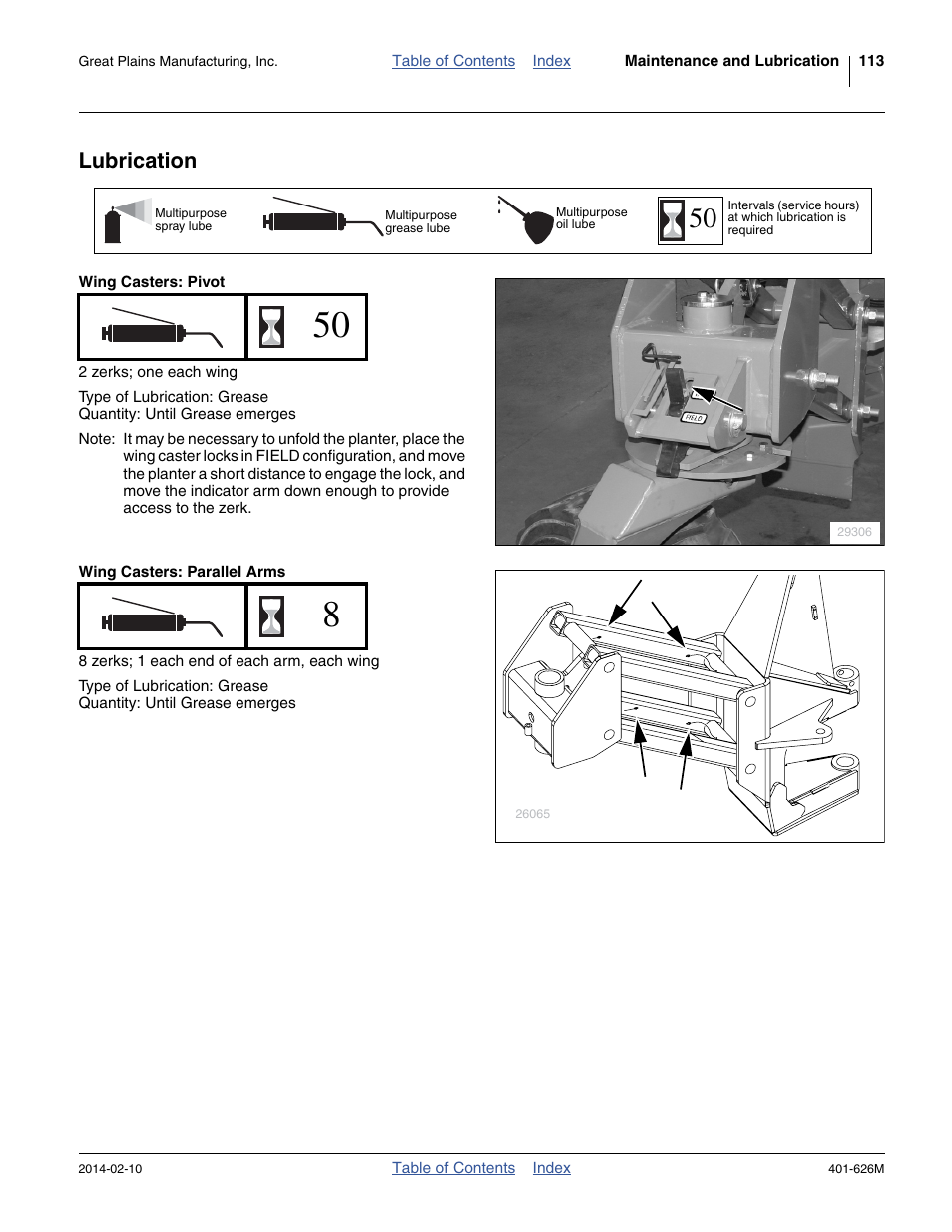 Lubrication, Wing casters: pivot, Wing casters: parallel arms | Icate planter as indicated under “ lubrication | Great Plains YP2425A Operator Manual User Manual | Page 117 / 172