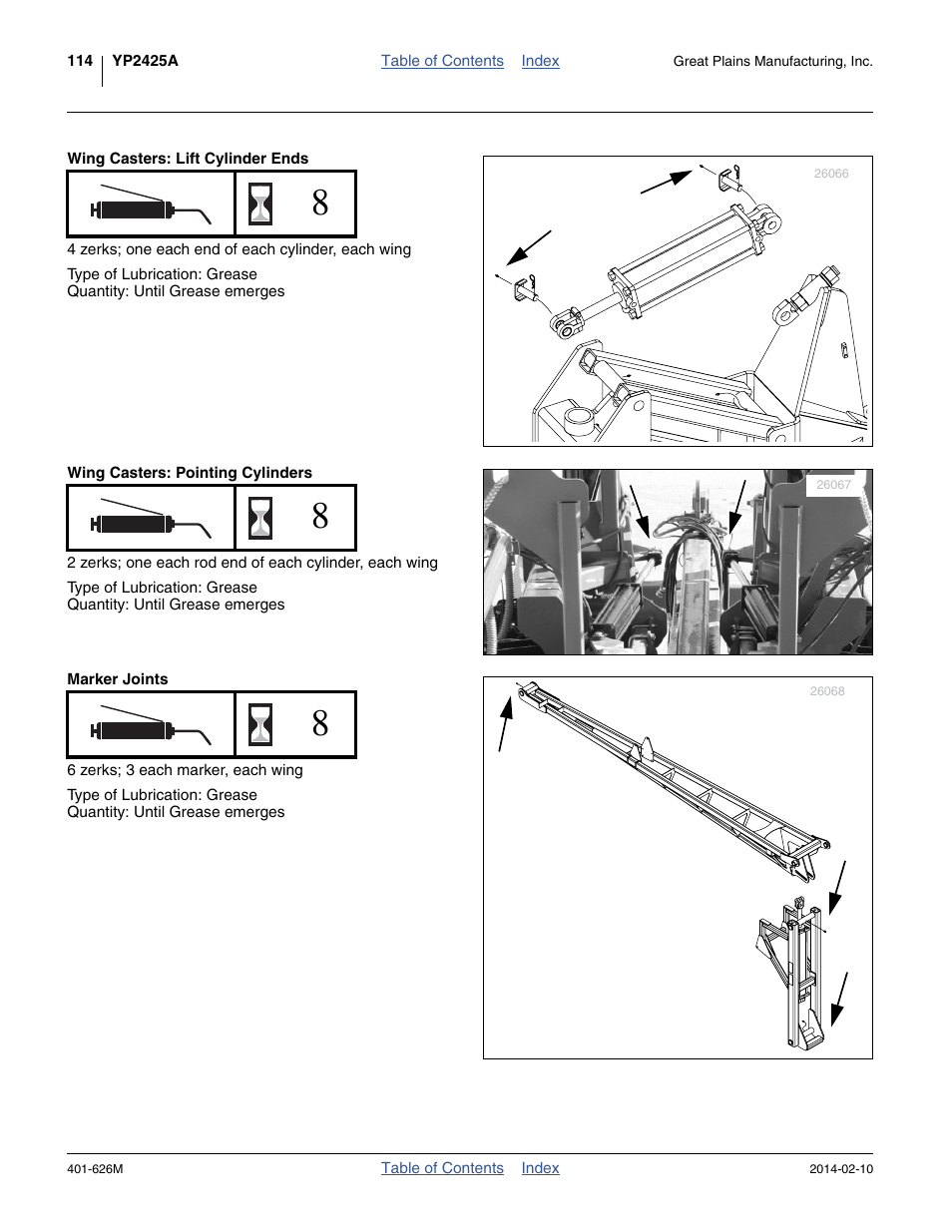 Wing casters: lift cylinder ends, Wing casters: pointing cylinders, Marker joints | Great Plains YP2425A Operator Manual User Manual | Page 118 / 172