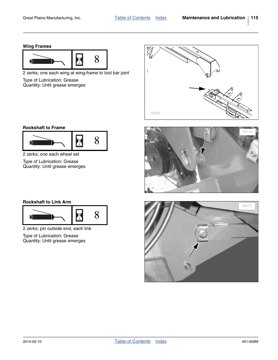 Wing frames, Rockshaft to frame, Rockshaft to link arm | Great Plains YP2425A Operator Manual User Manual | Page 119 / 172