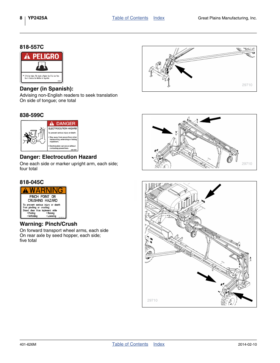 557c danger (in spanish), 599c danger: electrocution hazard, 045c warning: pinch/crush | Great Plains YP2425A Operator Manual User Manual | Page 12 / 172