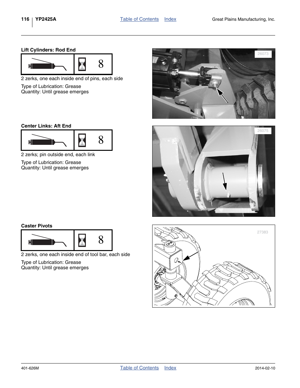Lift cylinders: rod end, Center links: aft end, Caster pivots | Great Plains YP2425A Operator Manual User Manual | Page 120 / 172
