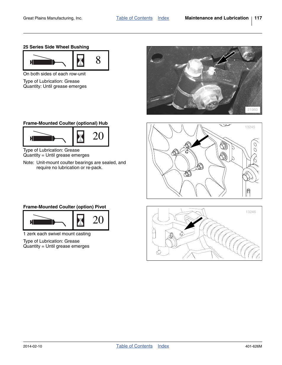 25 series side wheel bushing, Frame-mounted coulter (optional) hub, Frame-mounted coulter (option) pivot | Great Plains YP2425A Operator Manual User Manual | Page 121 / 172