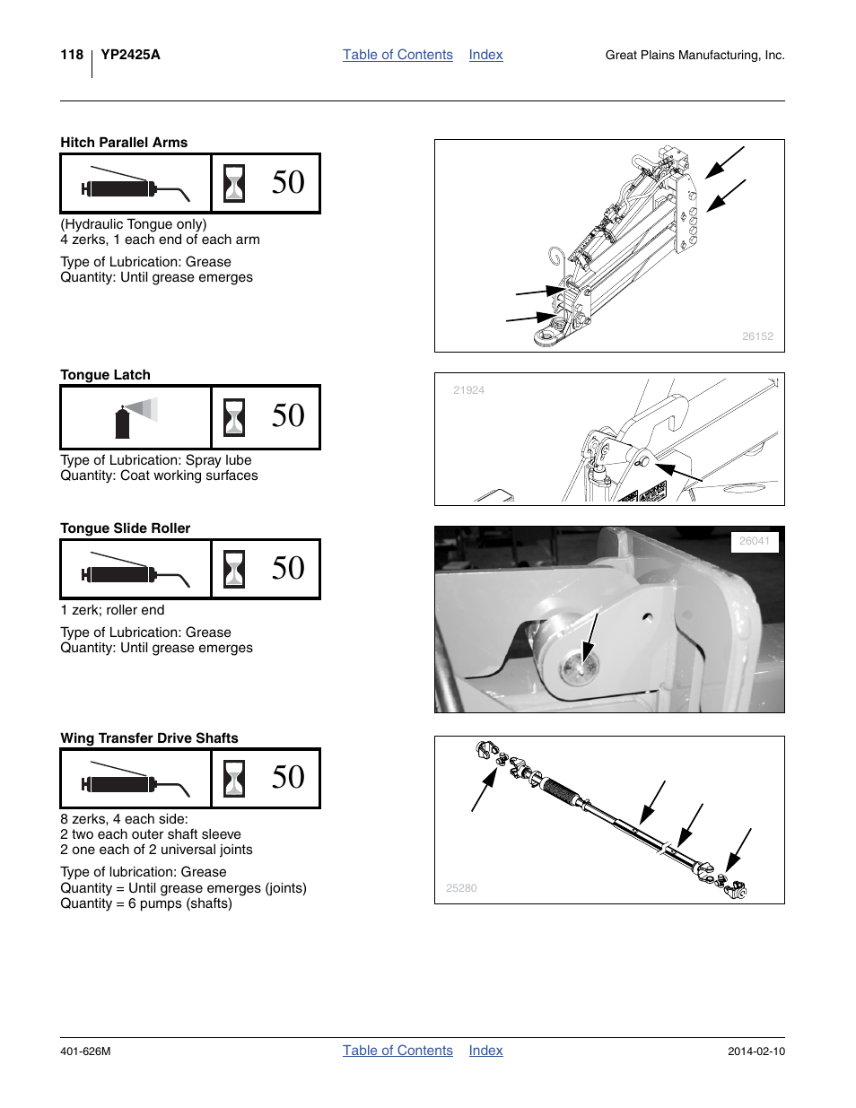 Hitch parallel arms, Tongue latch, Tongue slide roller | Wing transfer drive shafts | Great Plains YP2425A Operator Manual User Manual | Page 122 / 172